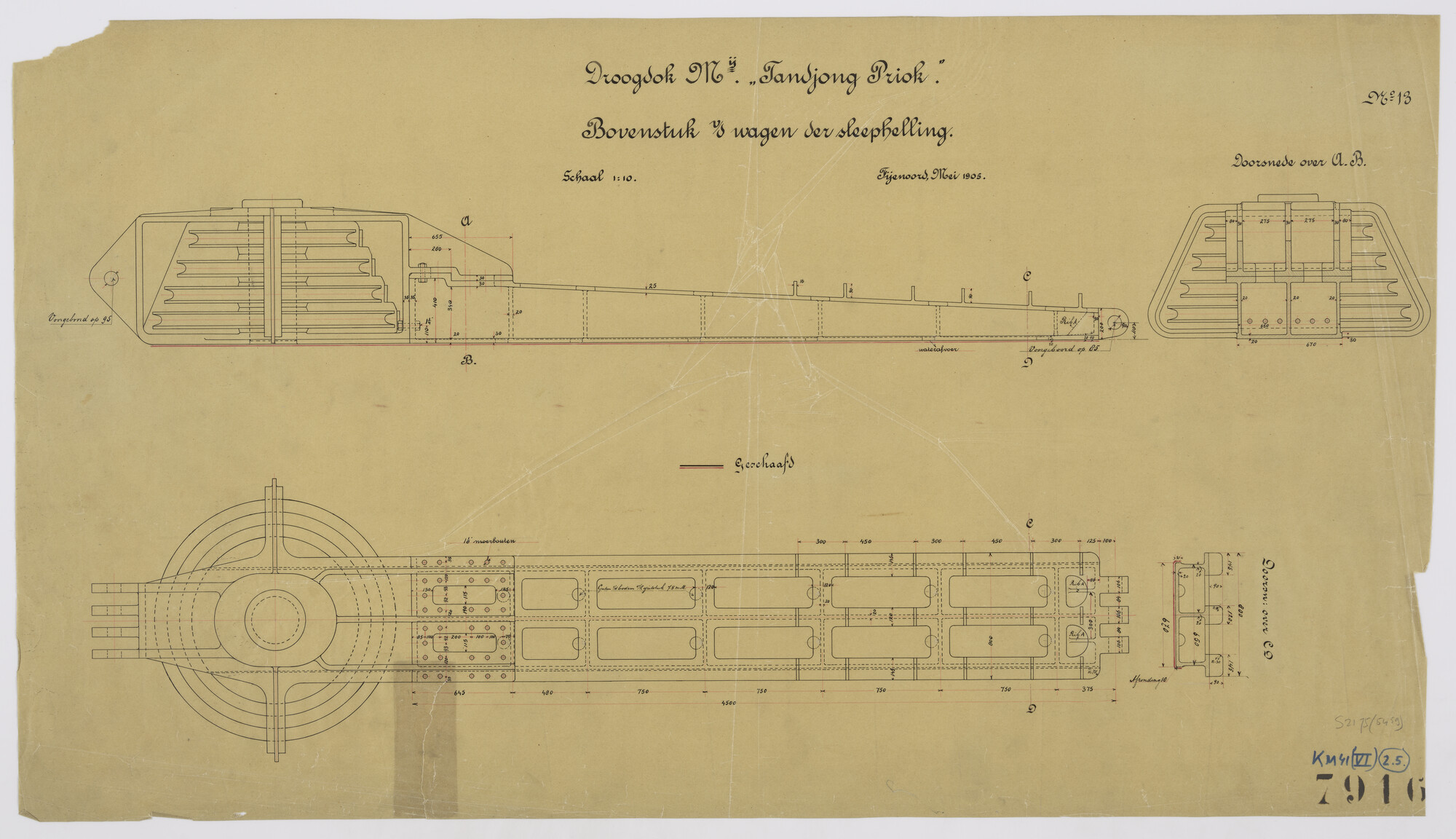 S.2175(5459); Doorsneden van de wagen van de sleephelling bij de Droogdok Maatschappij 'Tandjong Priok'; technische tekening