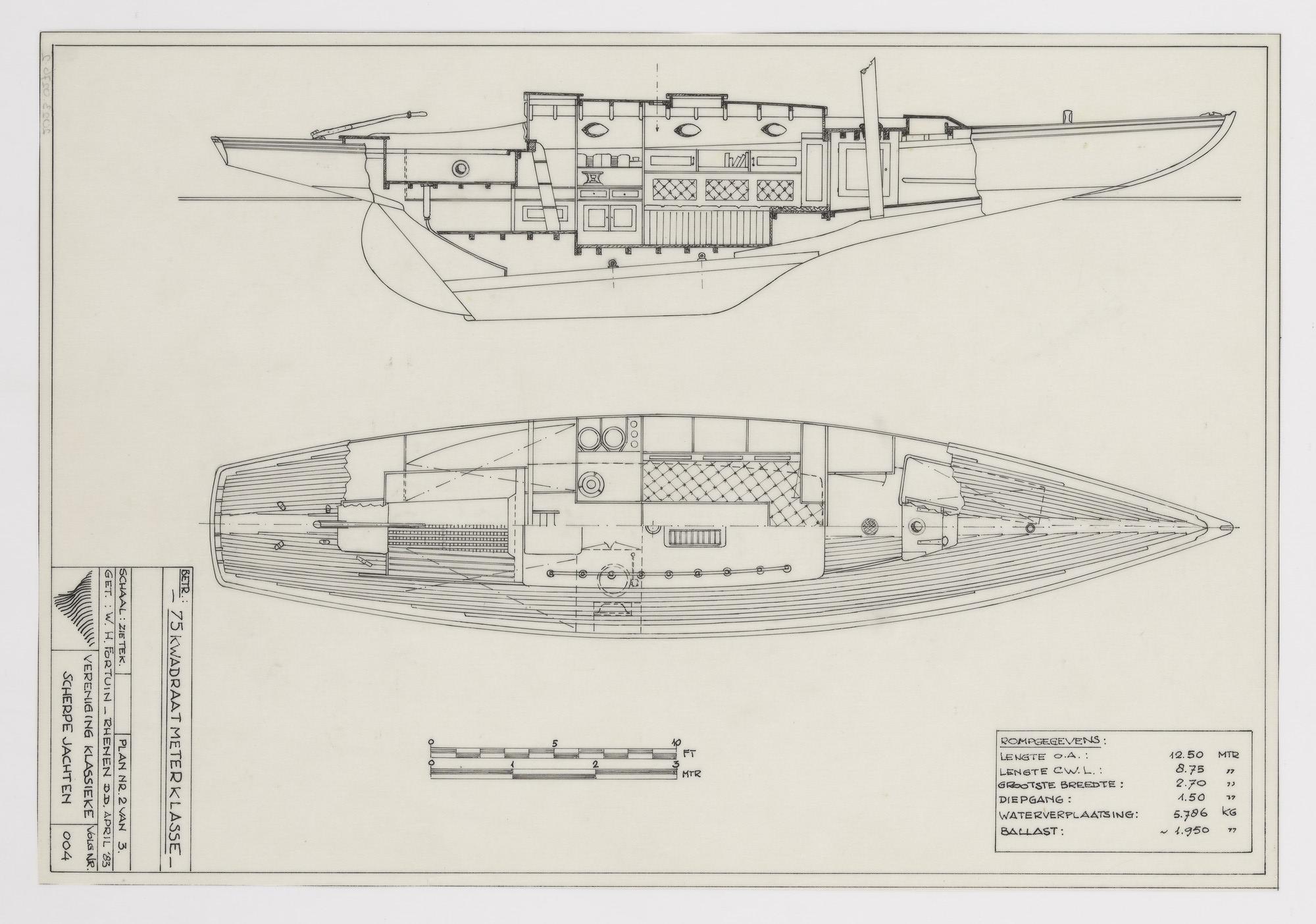 2023.0276-2; Technische tekening van een 75 m2 klasse zeiljacht; technische tekening