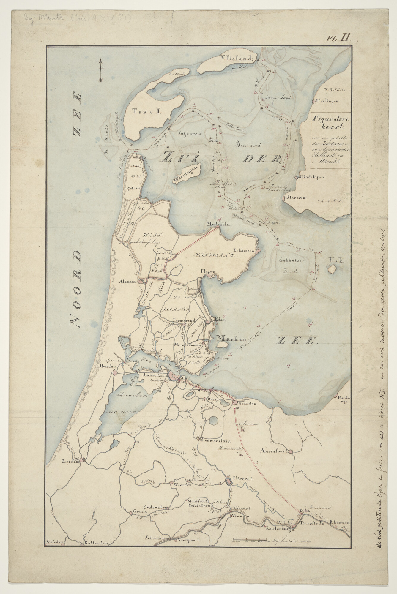 S.3380(15); Gekleurde handschriftkaart van de verbinding van Amsterdam met de Noordzee en een deel van Holland en Utrecht, circa 1820; zeekaart