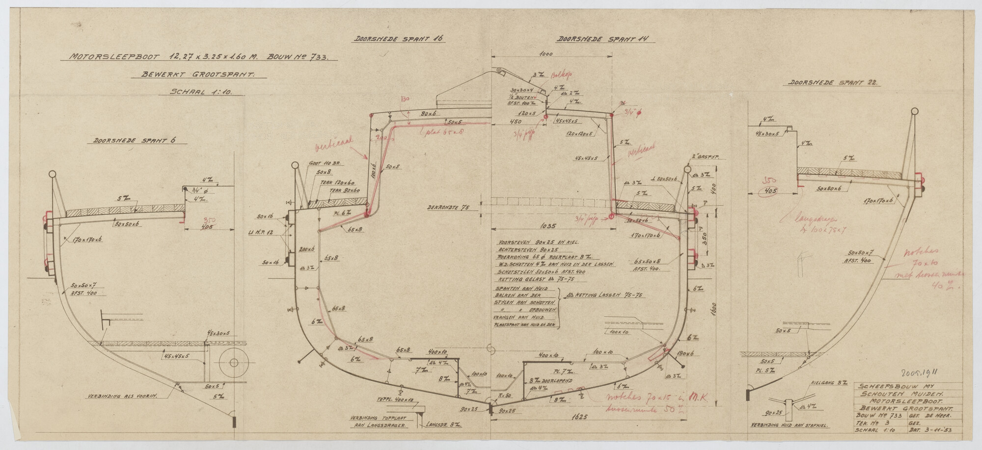 2005.1911; Bewerkt grootspant van een motorsleepboot; technische tekening