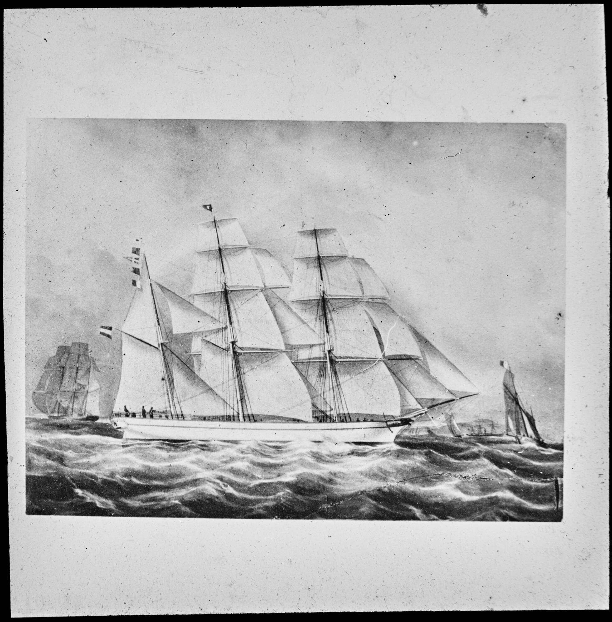 S.1156(06)108; Lantaarnplaatje van een tekening van J. Spin van het barkschip Pegasus; lantaarnplaatje