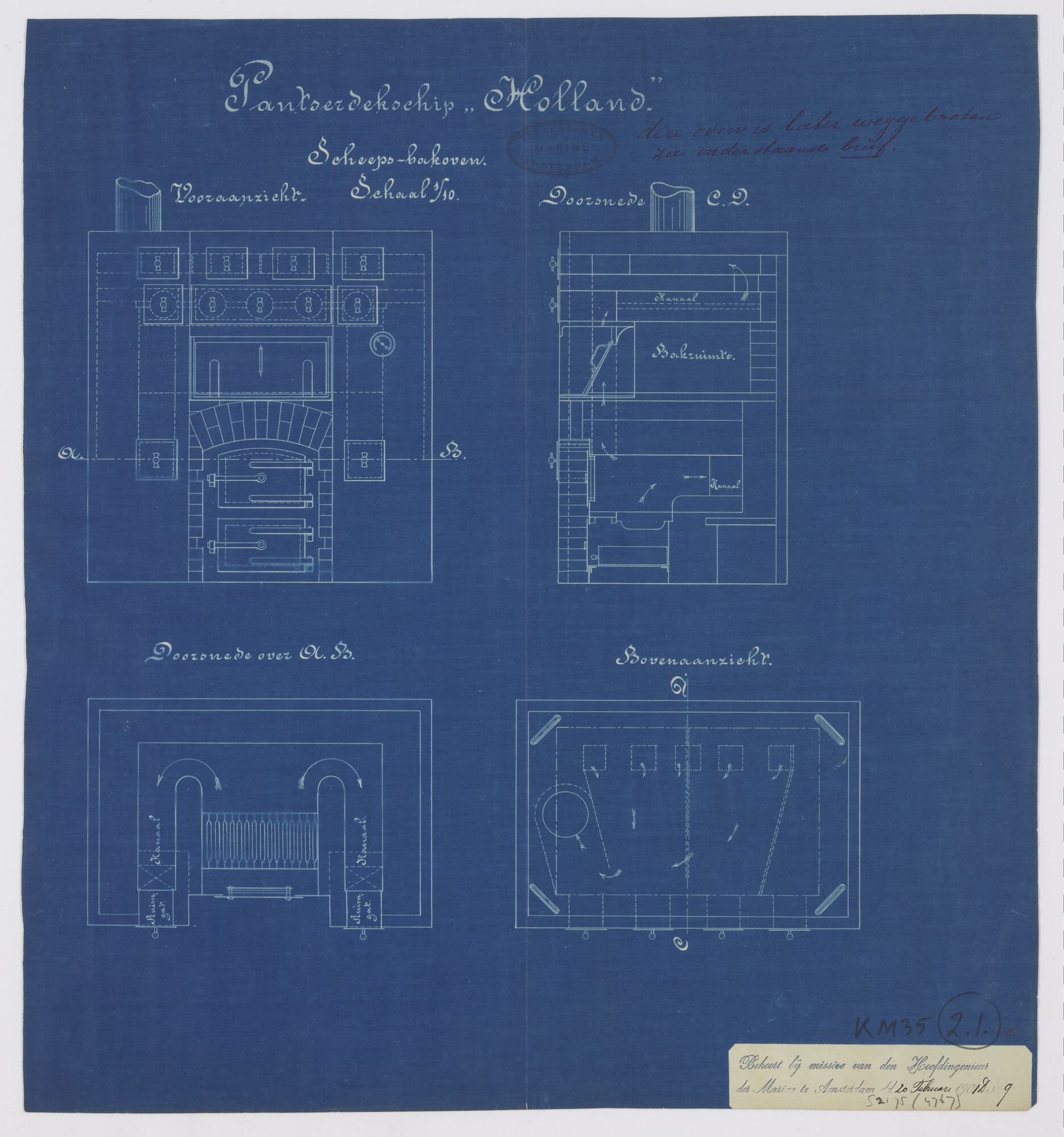 S.2175(4767); Scheepsbakoven van het pantserdekschip Hr.Ms. 'Holland'; technische tekening
