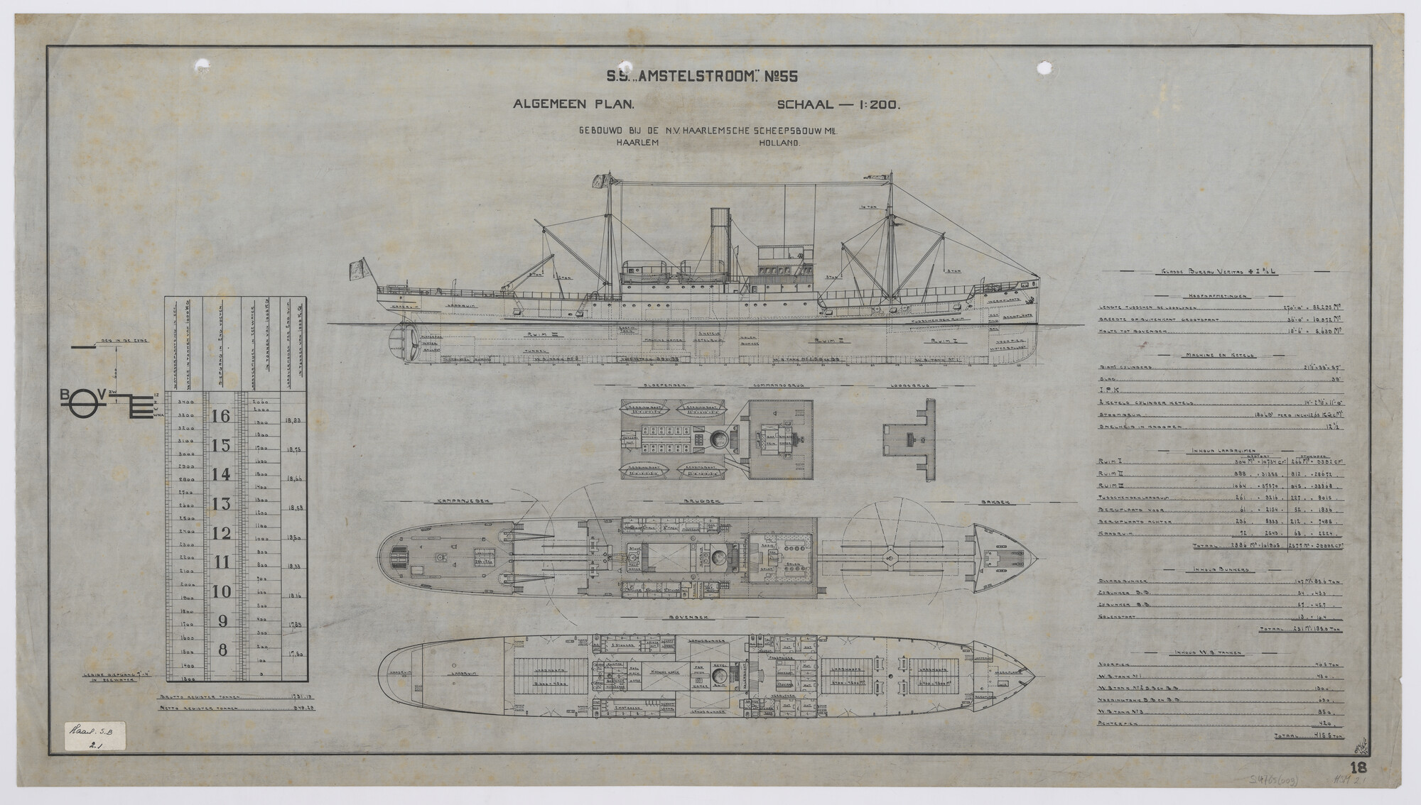 S.4765(009); Algemeen plan van het vrachtschip ss. 'Amstelstroom'; technische tekening