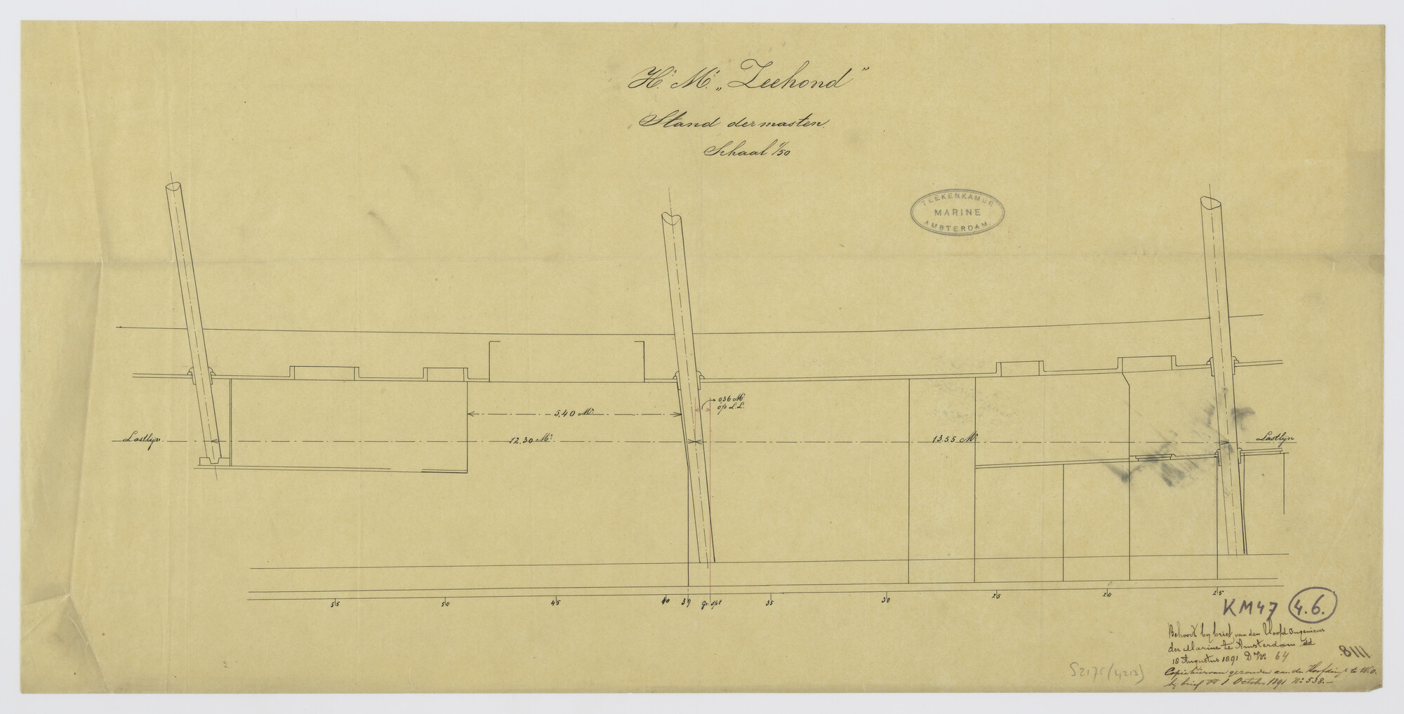 S.2175(4213); Stand der masten van Hr.Ms. 'Zeehond'; technische tekening