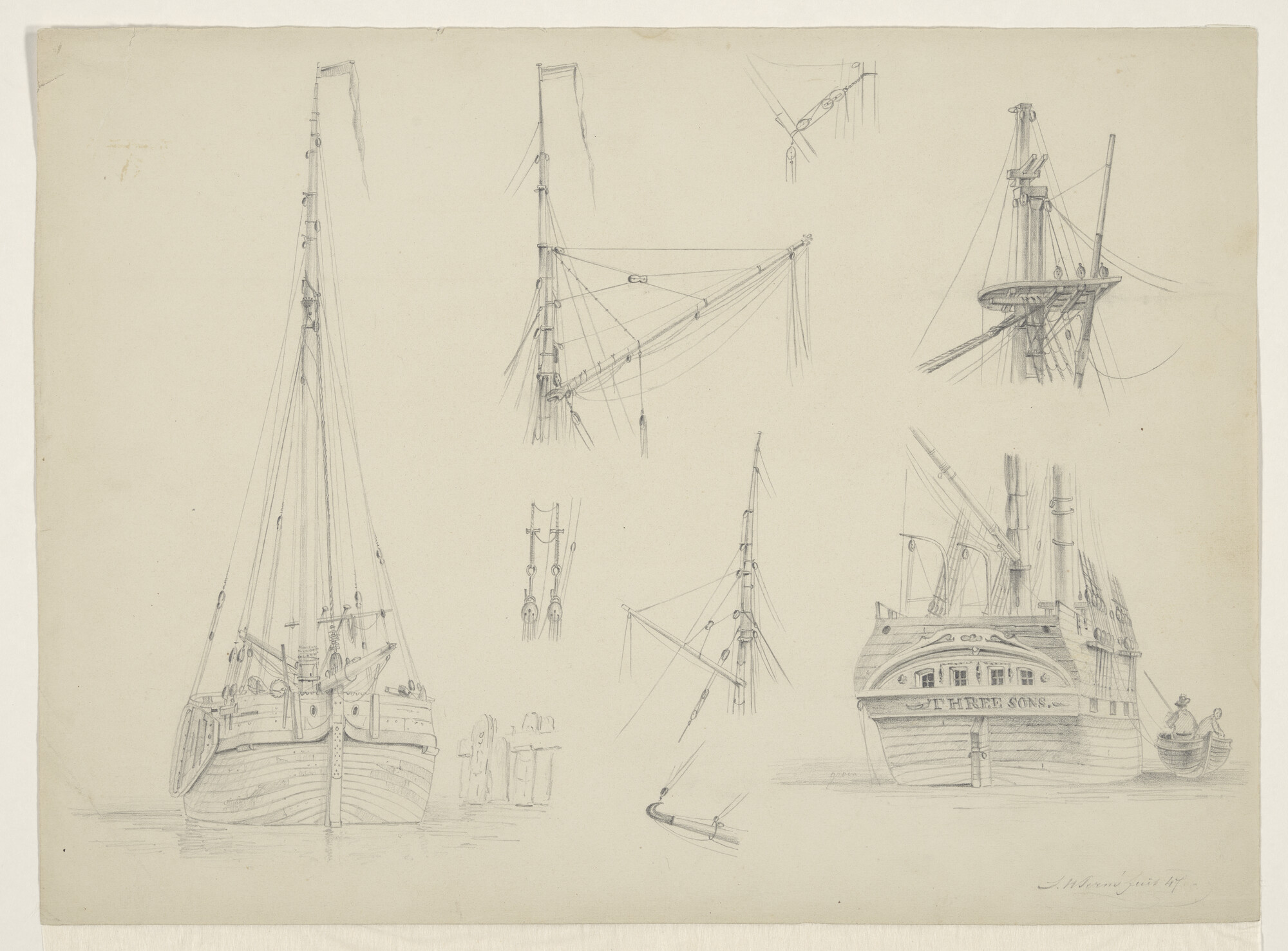 A.3622(03)3; Voor- en achteraanzichten van diverse zee- en binnenschepen; tekening