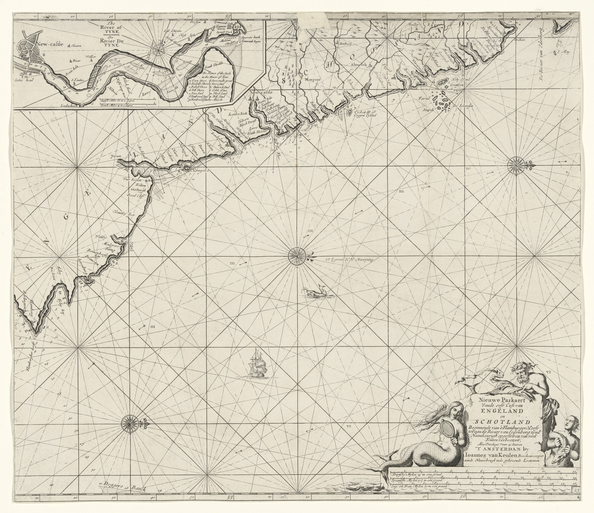 S.1072(02)33; Zeekaart van een gedeelte van de oostkust van Engeland en Schotland, tussen Flamborough Head en de Firth of Forth, met detailkaartje van de rivier Tyne; zeekaart