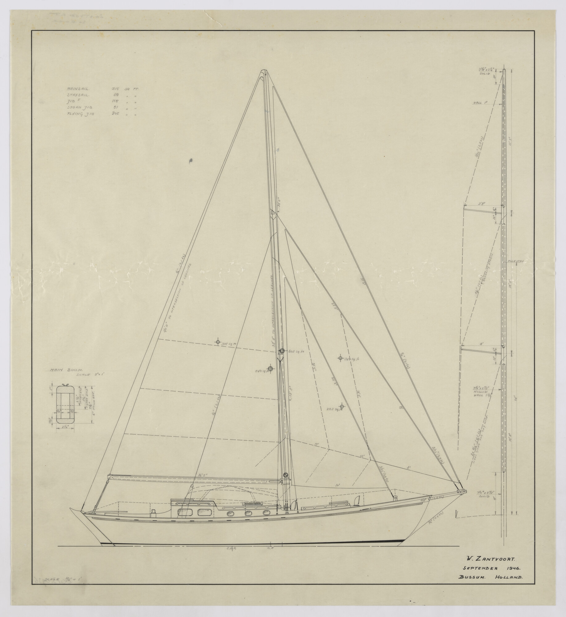 2013.0936; Zeilplan van een houten 10 tons kajuitzeiljacht (auxiliary cruiser) van 32' 6" (9.90 meter); technische tekening