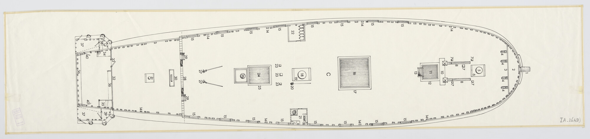 A.5580(13); Reconstructie tekening 'Prins Willem': tussendek, lijnenplan, rondhout; technische tekening