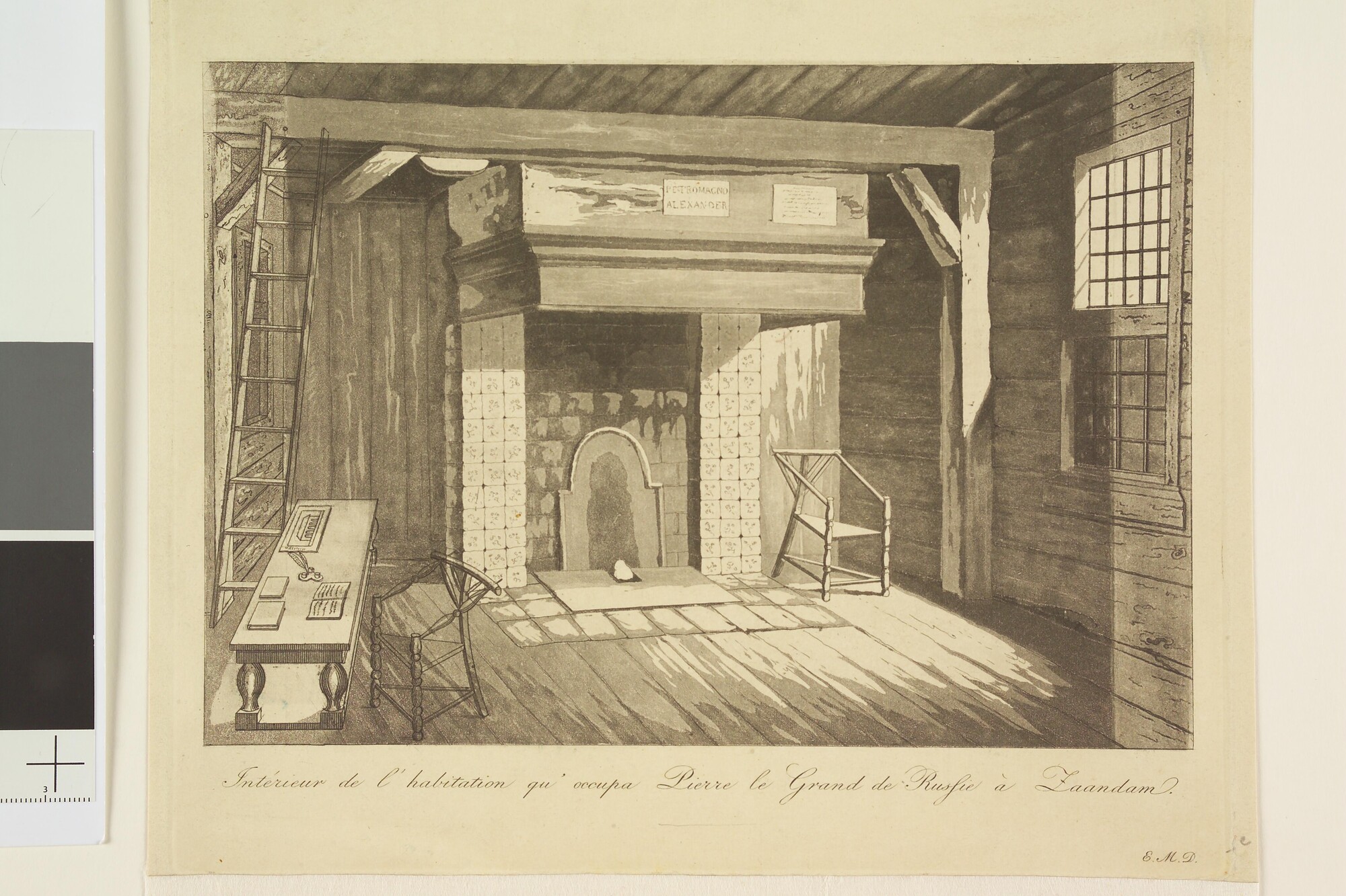 A.1000(02); Interieur van het huisje te Zaandam waar Czaar Peter de Grote in 1797 woonde; prent
