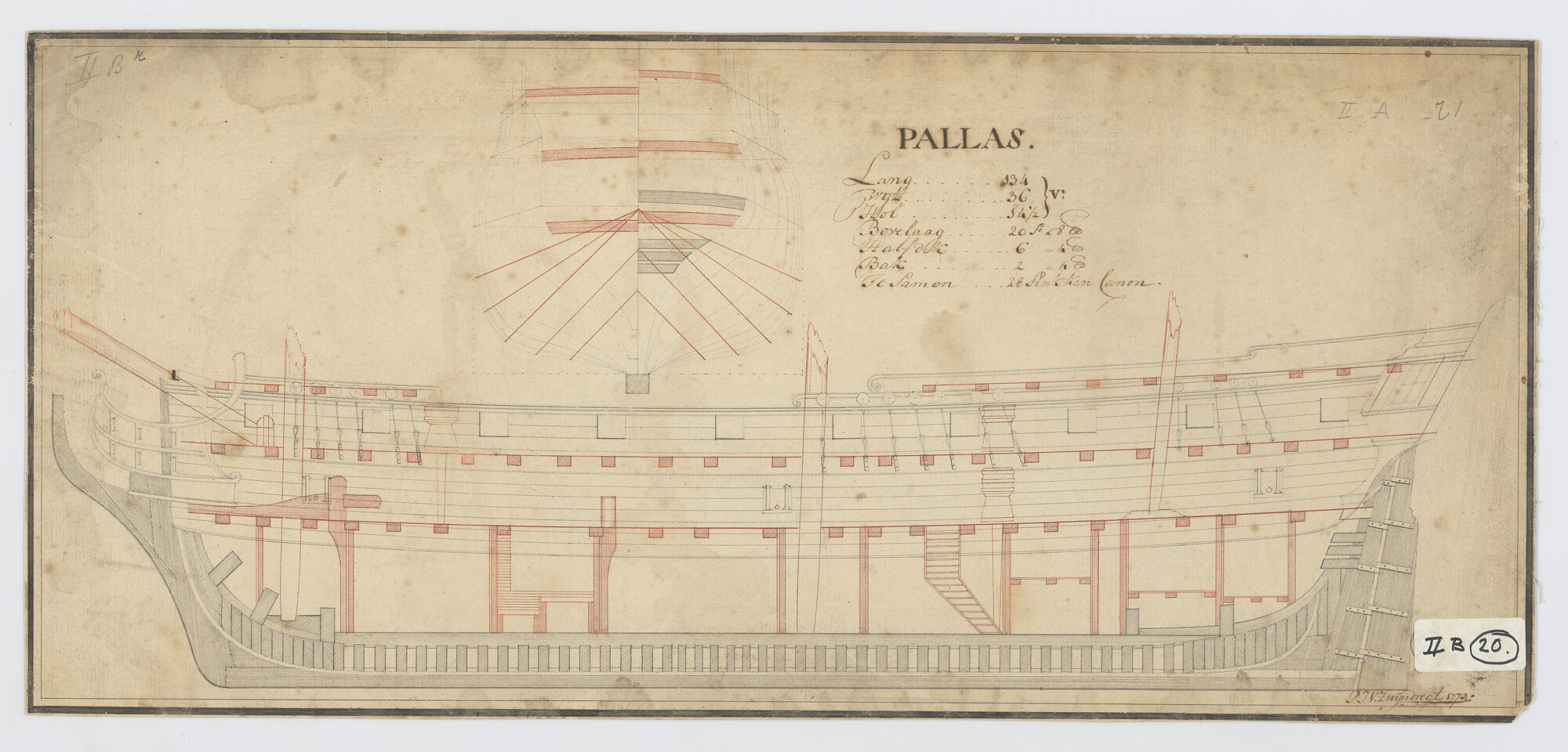 S.0247(22); Zijaanzicht van het fregat 'Pallas' van 28 stukken; technische tekening