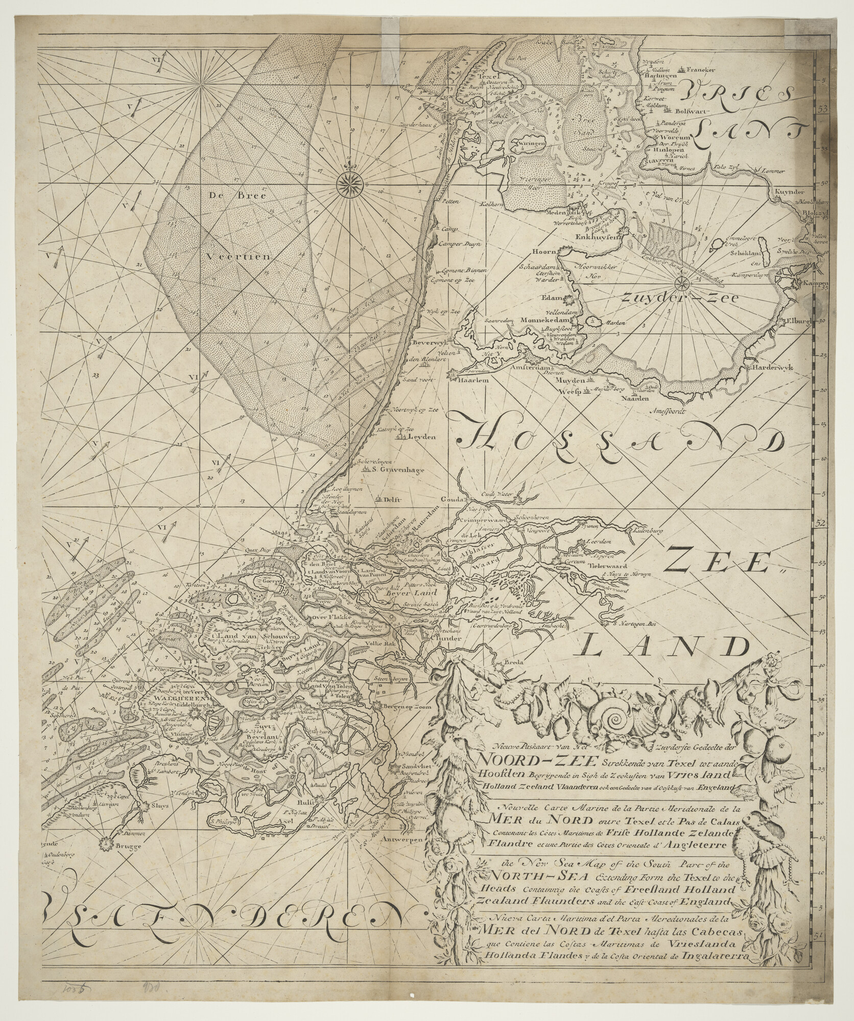 1997.3623b; Kaart van het zuidelijke deel van de Noordzee, door Johannes van Keulen (1654 - 1715); zeekaart