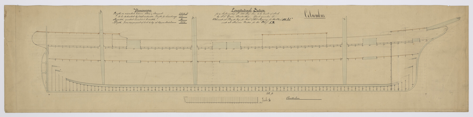 2012.1528; Constructieplan van het barkschip 'Columbus' (1893) van 65.60 meter; technische tekening