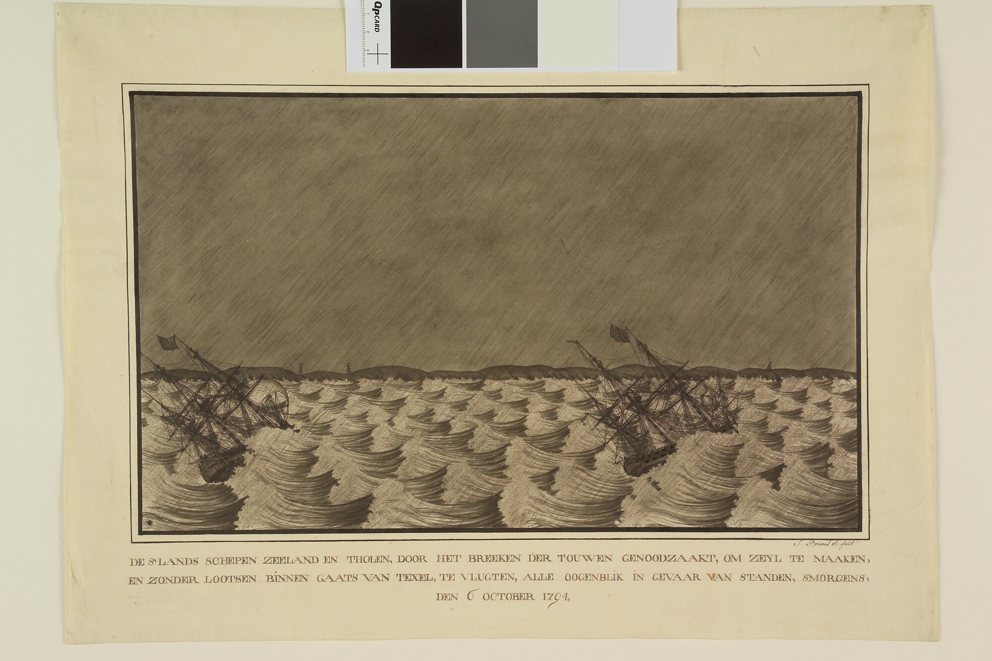 A.2381(12)b; De oorlogsschepen 'Zeeland' en 'Tholen',  Texel binnenlopend, 1794; tekening