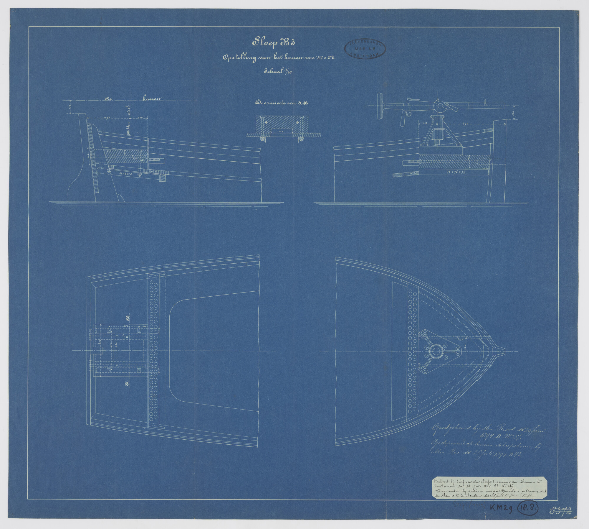 S.2175(4419); Sloepsgeschut van een sloep B3; technische tekening