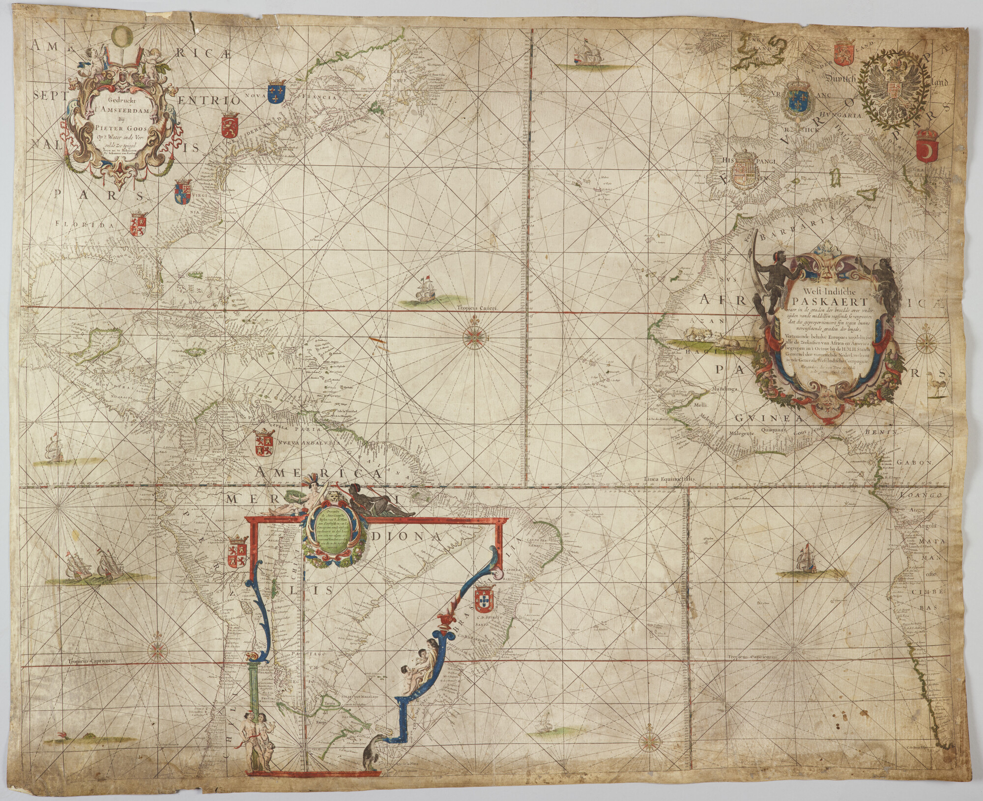 A.3018(02); Met de hand gekleurde, gedrukte Westindische paskaart door Pieter Goos, circa 1680 uitgegeven door Johannes van Keulen te Amsterdam; perkamentkaart