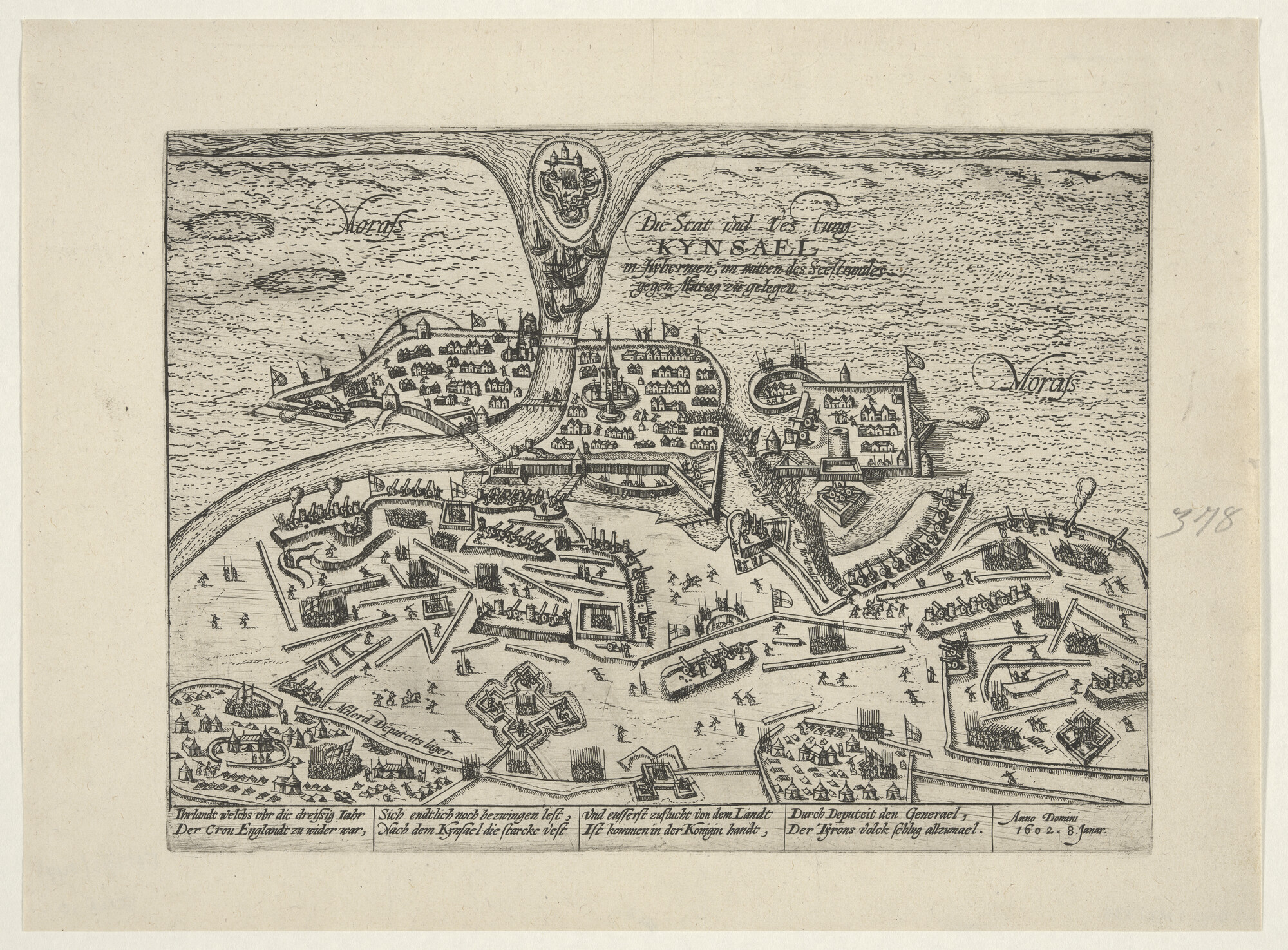A.0145(027)336; Kinsale in Ierland gaat aan de Engelse koningin Elisabeth over, 8 januari 1602; prent