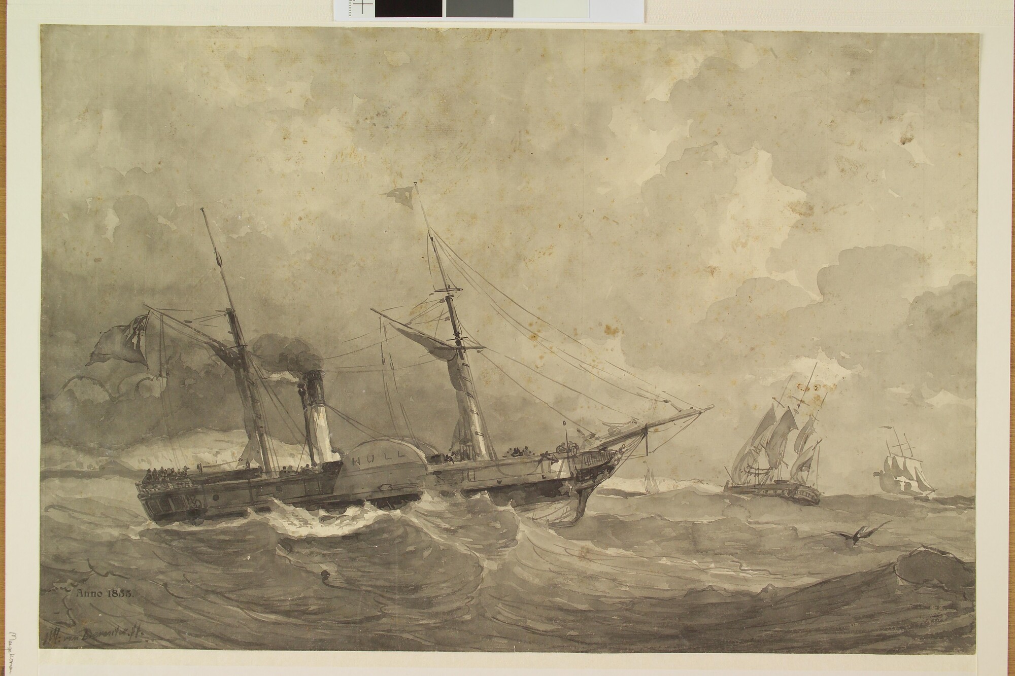 S.1156(08)05; Een Engels raderstoomschip onder stoom in ruwe zee, gezien vanaf SB; tekening