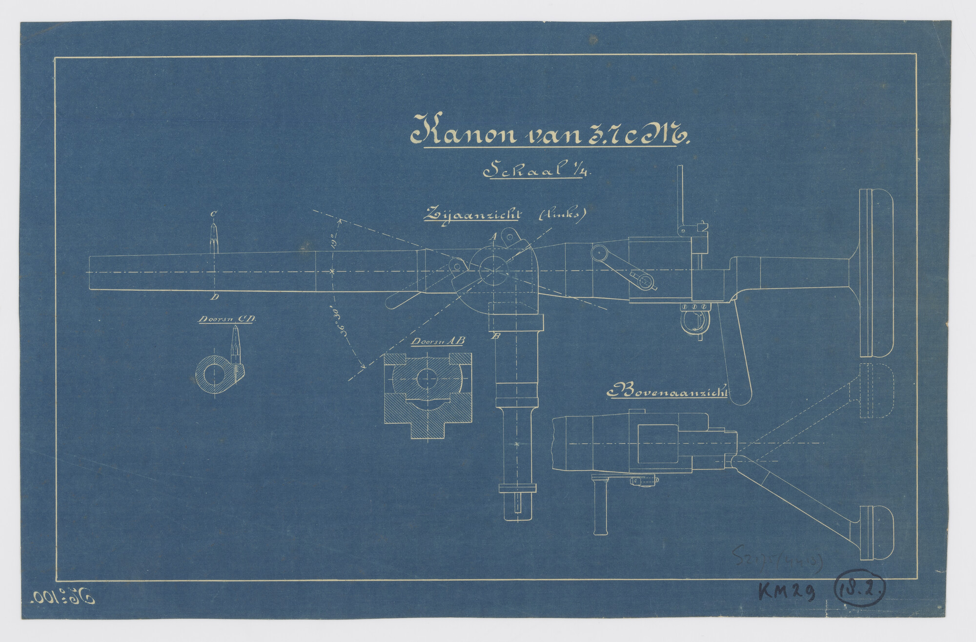 S.2175(4413); Snelvuurkanon van 3.7 cm aan boord van de torpedoboten Zr.Ms. 'Lamongan','Makjan' en 'Nobo'; technische tekening