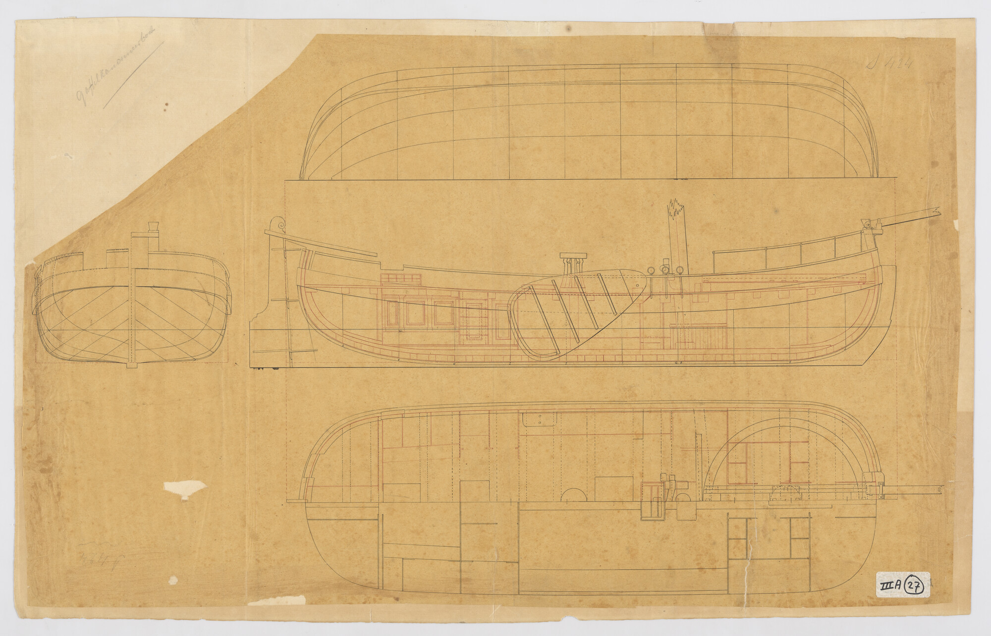 S.0424(01)08; Bewapening van een groot model gaffelkanonneerboot; technische tekening