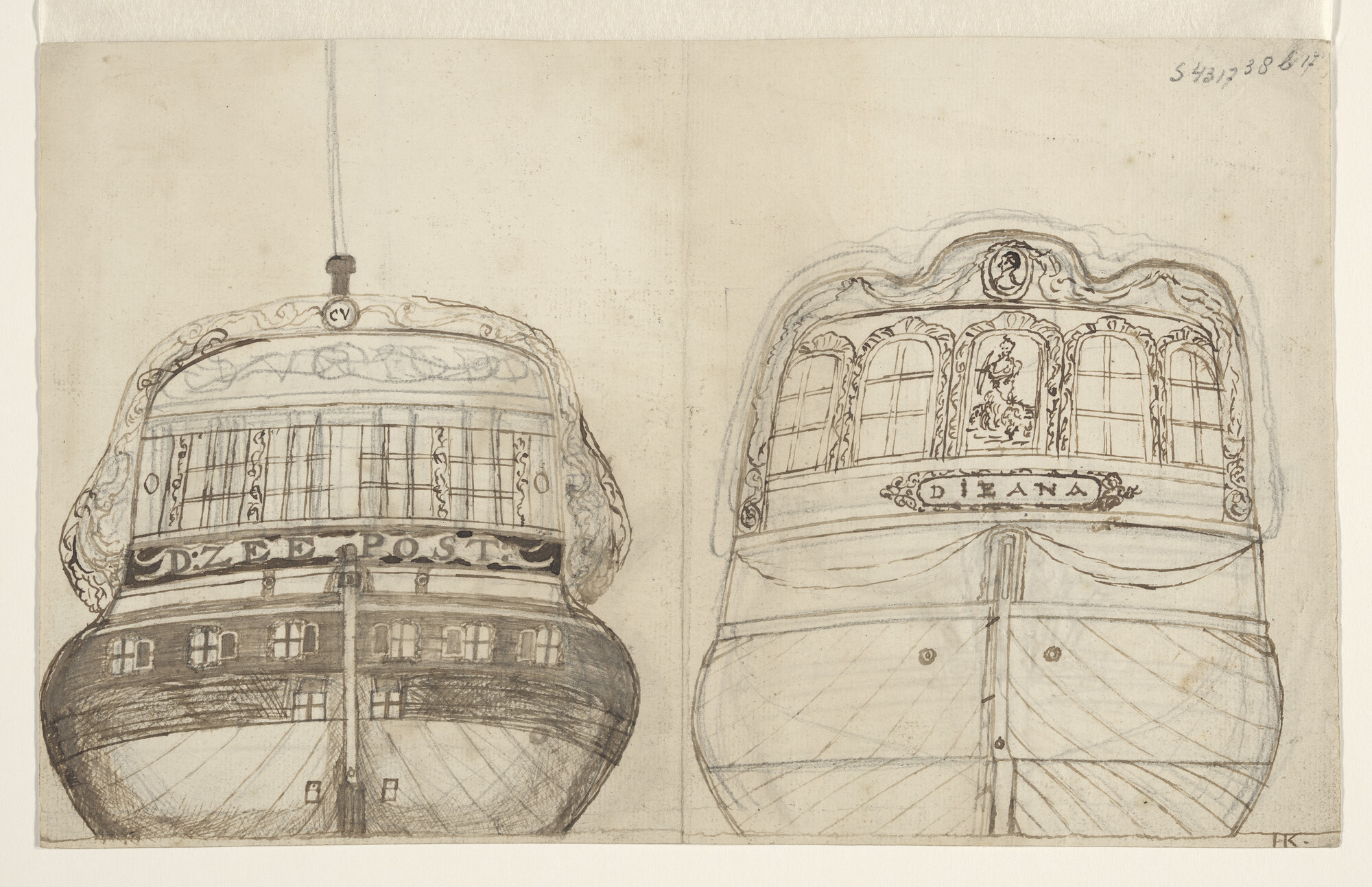 S.4317(38)b17; De spiegels van de schepen Zeepost en Diana; tekening