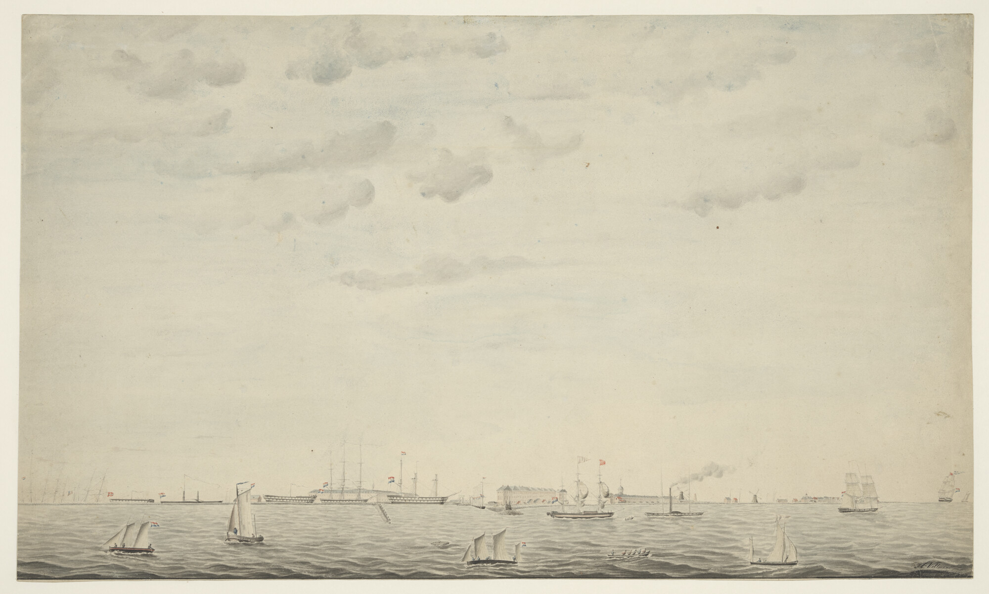 A.0517(01); De haven en rede van het Nieuwe Diep met verschillende oorlogsschepen; tekening