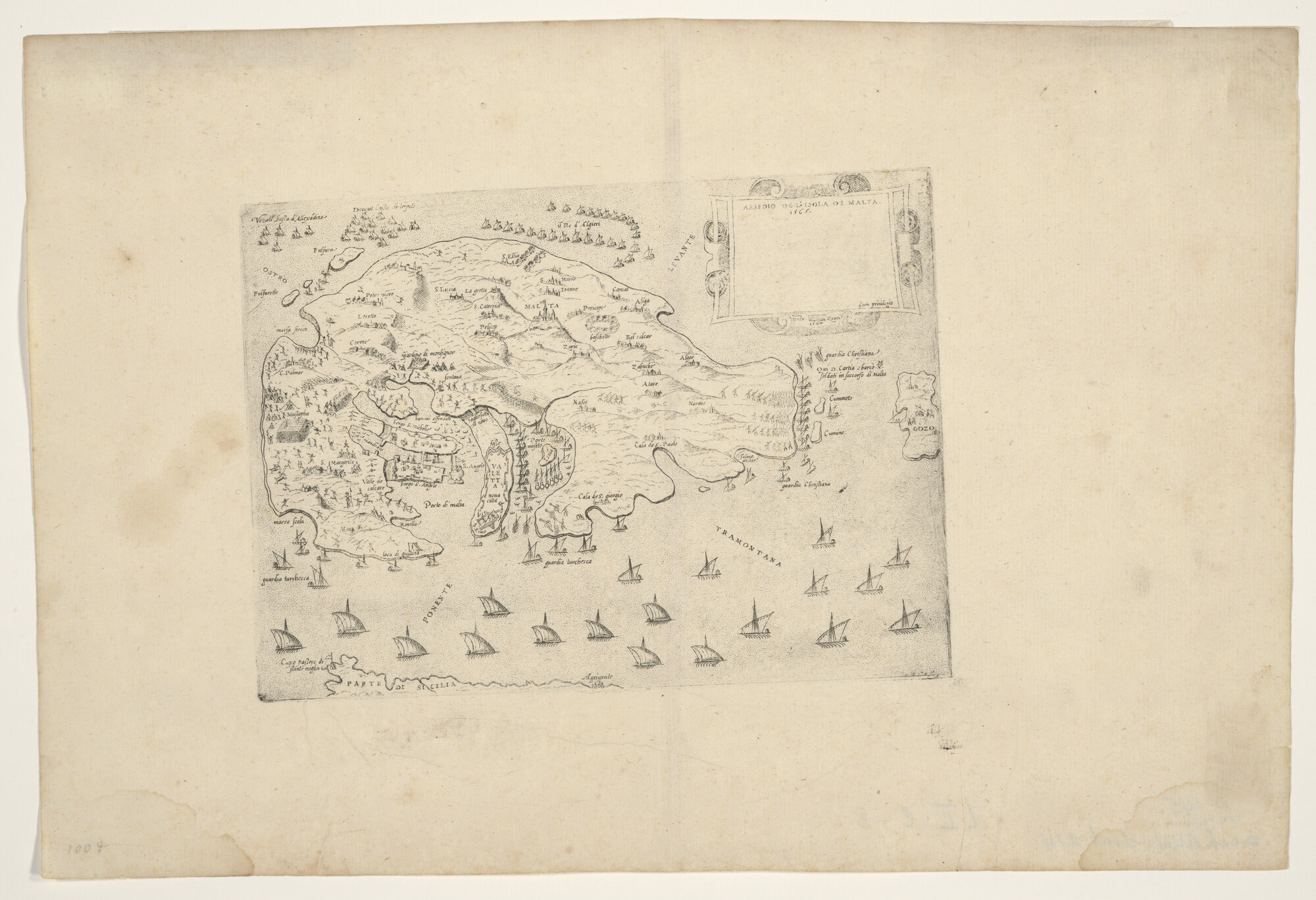 A.0145(214)19; Kaart van het eiland Malta in 1565 door Domenico Zenoi (werkzaam 1552 - 1570); landkaart