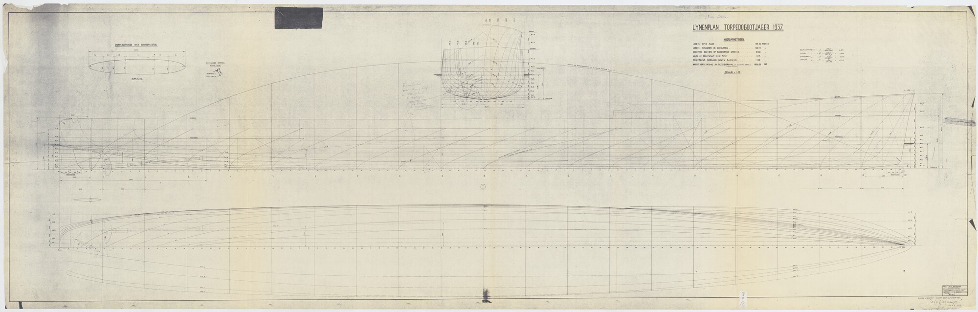 S.2175(3691); Lijnenplan; spantenraam en overzicht hoofdafmetingen van de torpedobootjagers van de Admiralen-klasse 1937 e.v; technische tekening