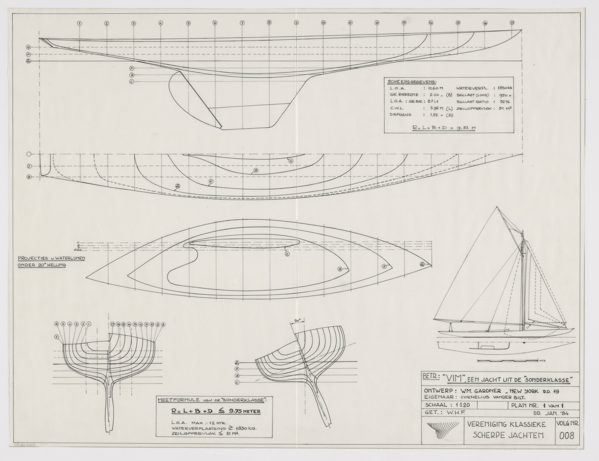 2023.0280; Technische tekening van Sonderklasse zeiljacht Vim; technische tekening