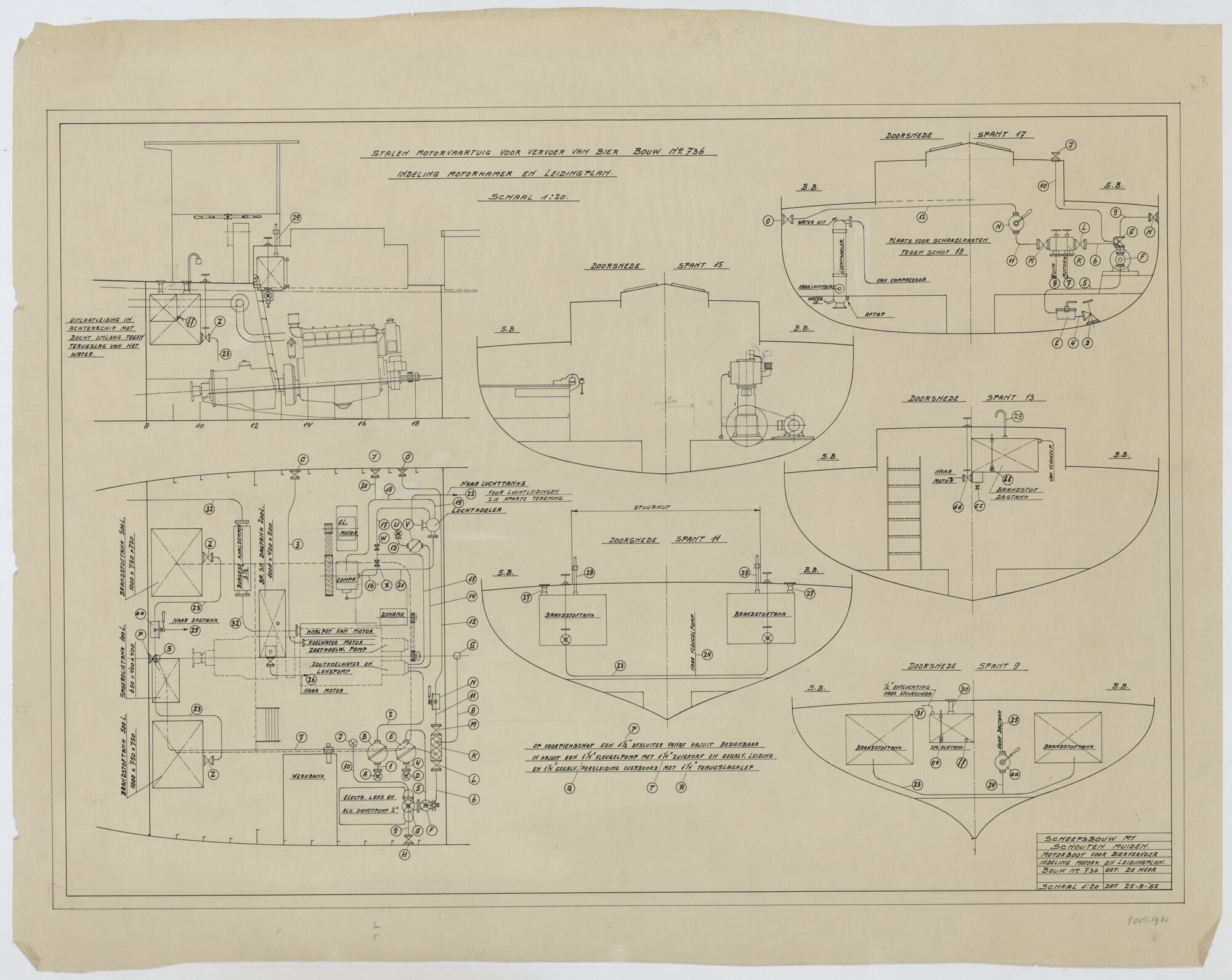2005.1921; Indelingsplan van de motorkamer en leidingenplan van het biertankschip "Gerritje"; technische tekening