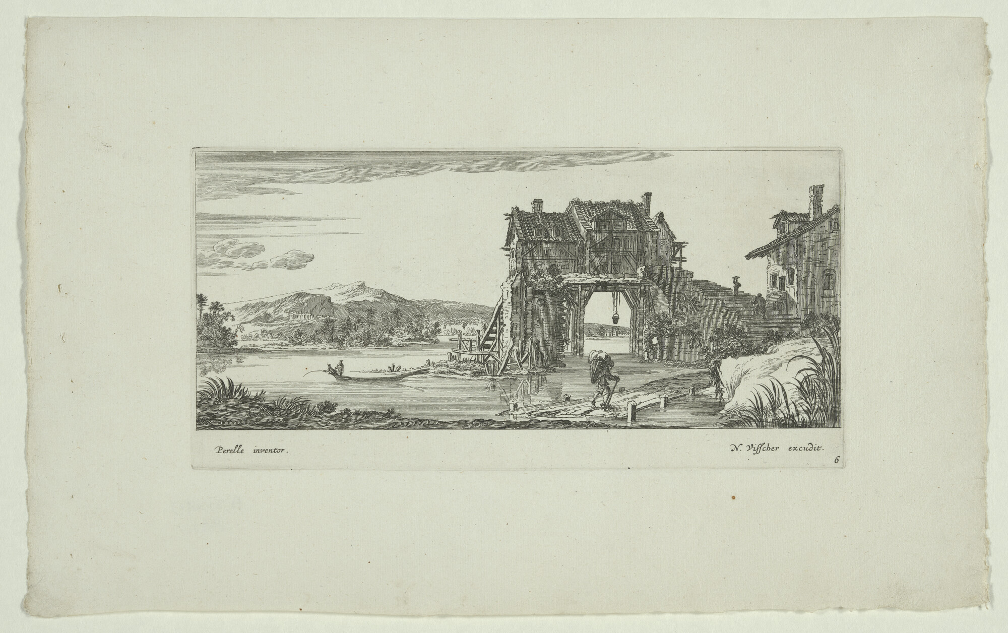 A.3138(02) [nr 0006]; Een buitenlandse haven in een lieflijk landschap; prent