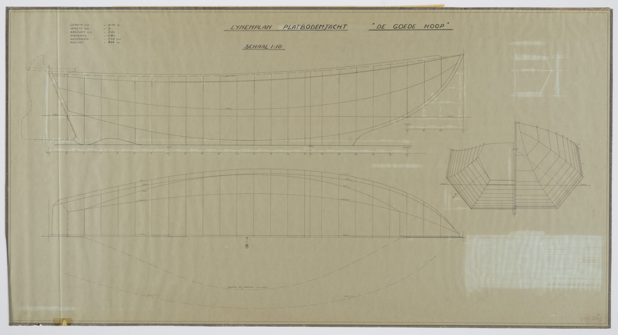 1993.3779; Lijnenplan van de Tholense schouw 'De Goede Hoop'; technische tekening