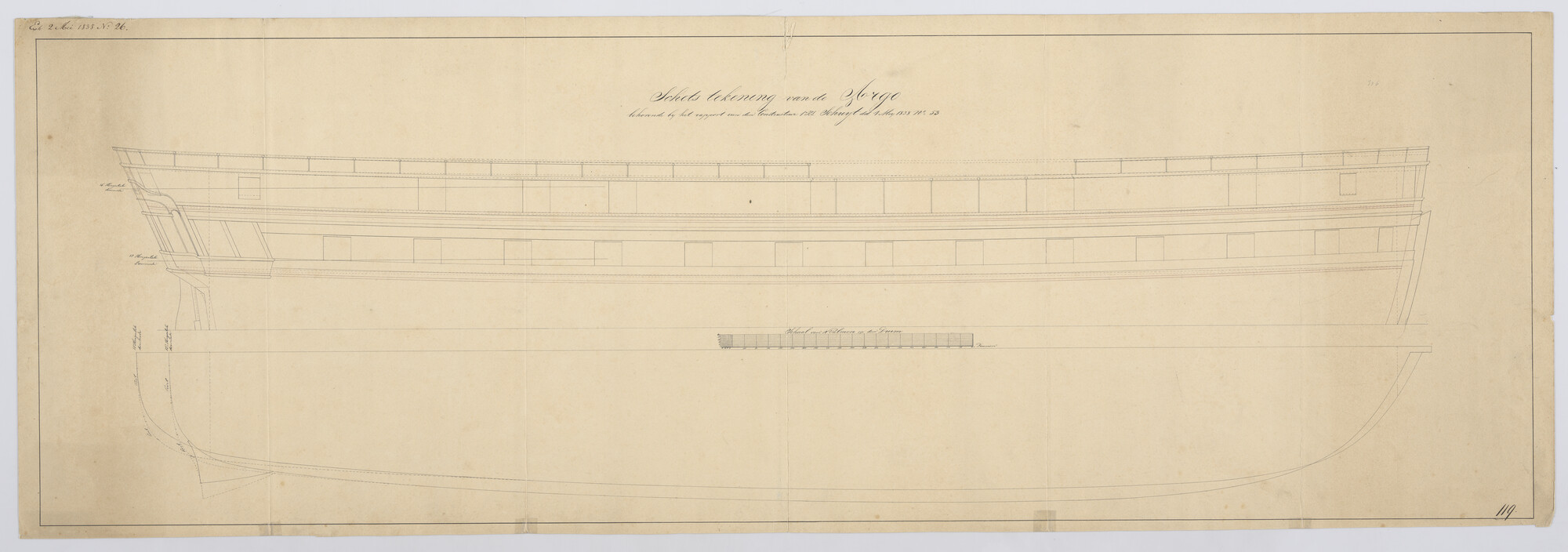 S.1214(0191); Zijaanzicht van het korvet van 26 stukken Zr.Ms. 'Argo'; technische tekening