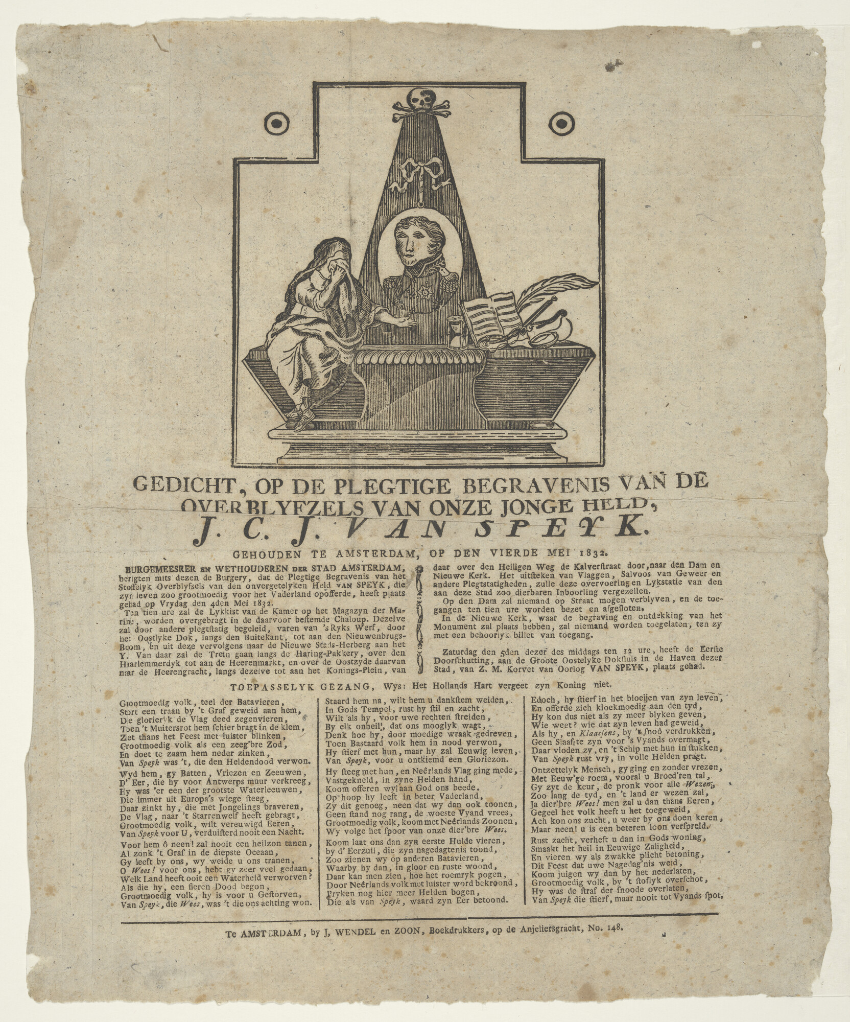 A.0482(03)08; Gedicht op de begrafenis van J.C.J. van Speyk met middenboven een gedenkzuil; prent