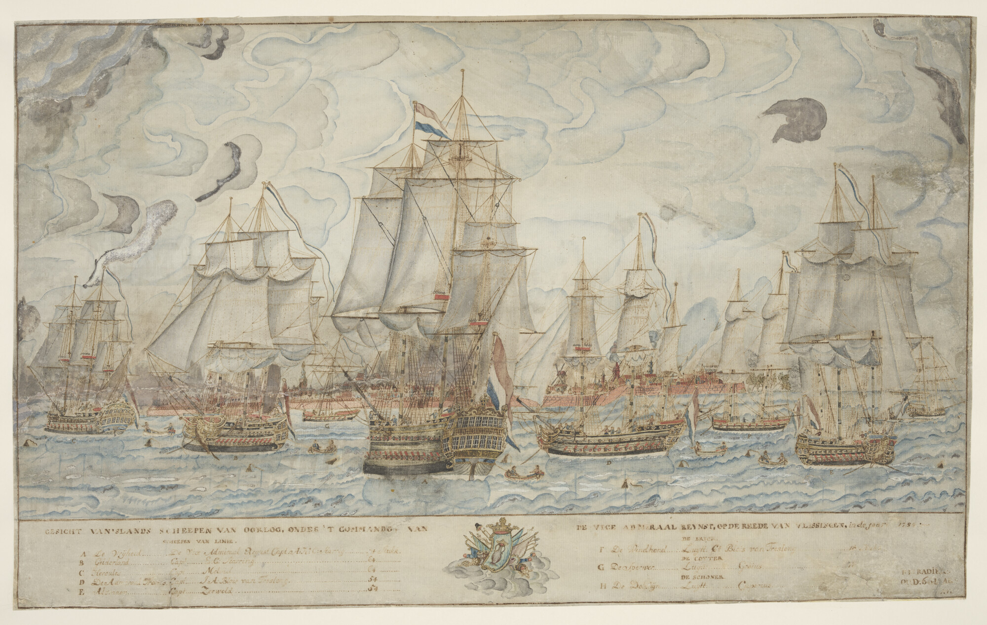S.2989(02); De Nederlandse oorlogsvloot, onder commando van de vice-admiraal Reijnst, op de rede van Vlissingen in 1784; tekening
