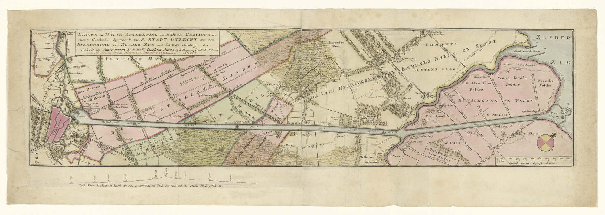 A.2899; Met de hand gekleurde kaart van de voorgenomen doorgraving van Utrecht via Spakenburg naar de Zuiderzee; landkaart