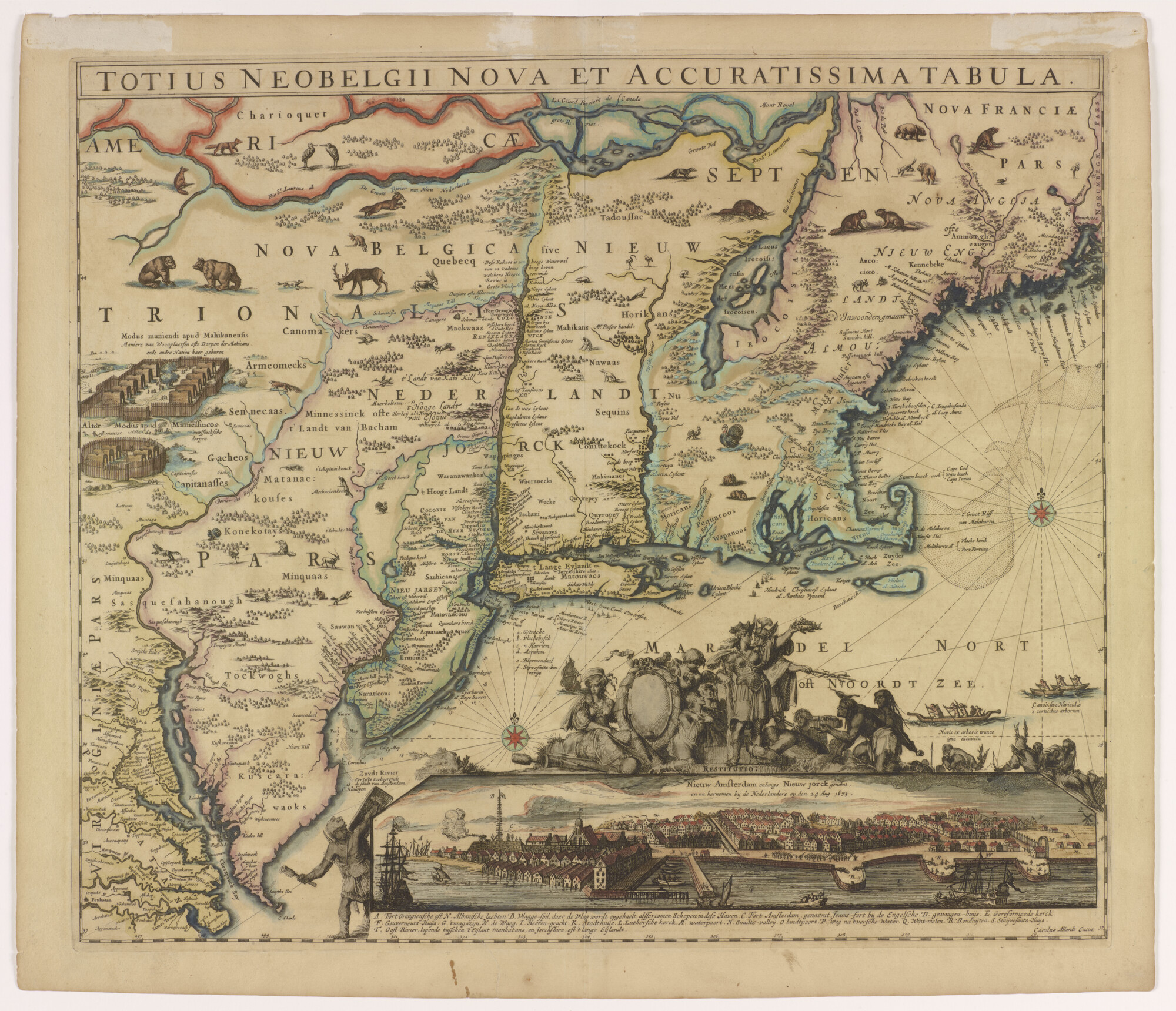 A.0874; Met de hand gekleurde kaart van Nieuw Nederland, Nieuw Engeland en een deel van Virginia, naar Visscher; landkaart