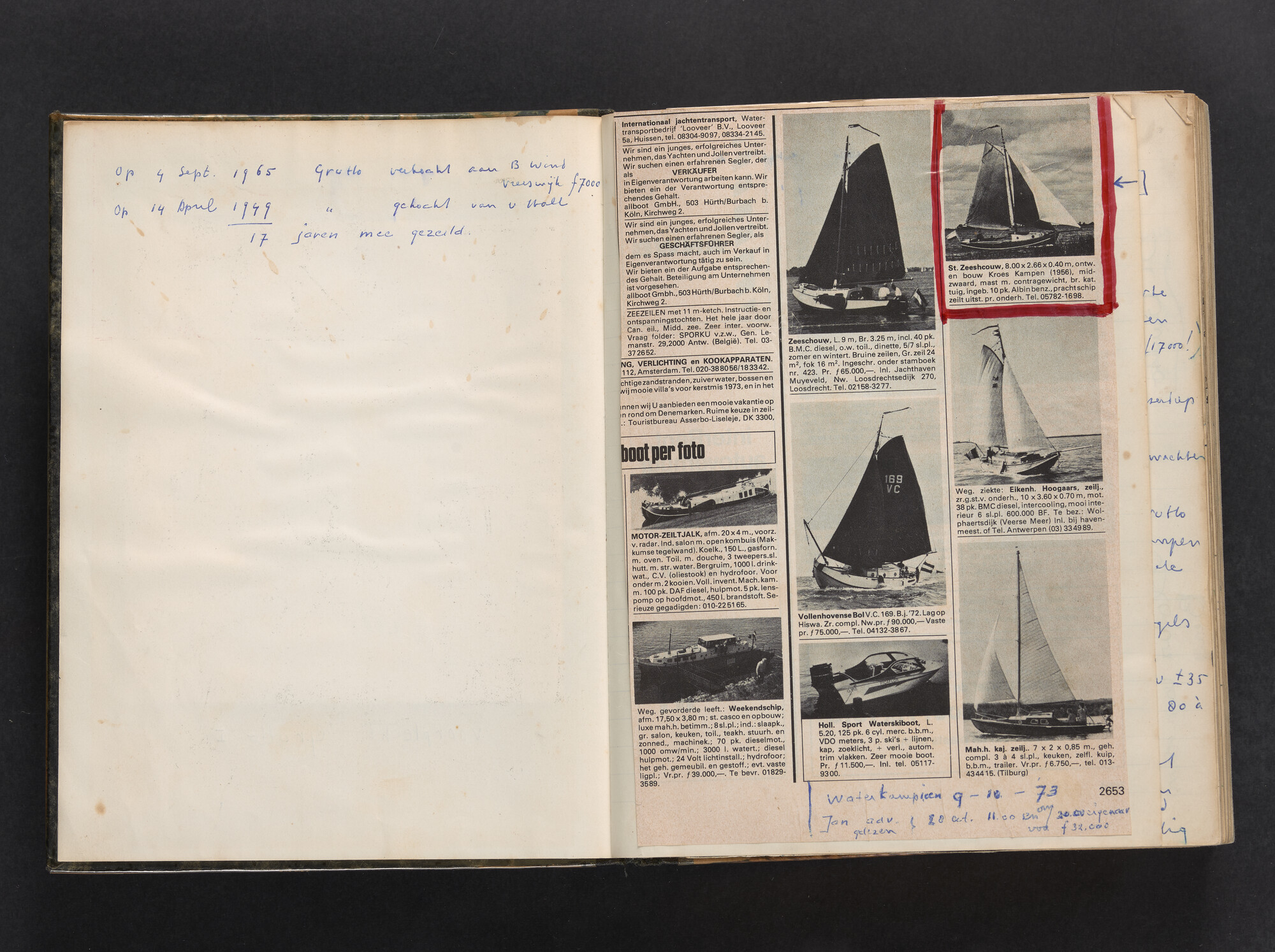 2017.0802; Logboek c.q. fotoalbum van reizen met zeeschouw Grutto (II) in Nederland, Duitsland en Denemarken, 1973-1974; logboek