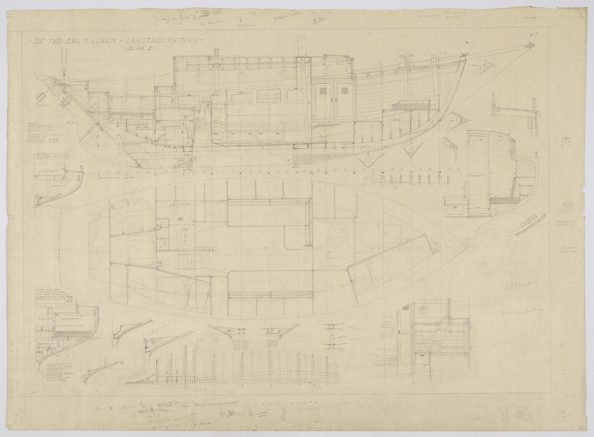 2013.0946; Constructieplan van het houten gaffelgetuigd middenzwaardjacht De Tijd Zal 't Leren van 9 meter; technische tekening