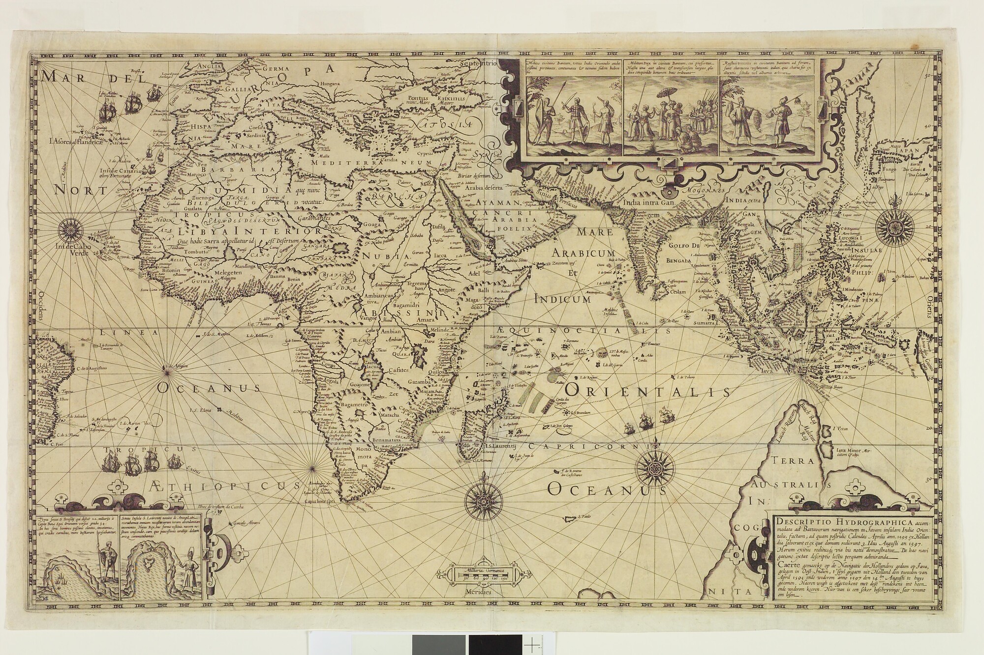 S.3258(02); Kaart waarop de route van de Eerste Schipvaart, 1595-1597, te zien is; zeekaart