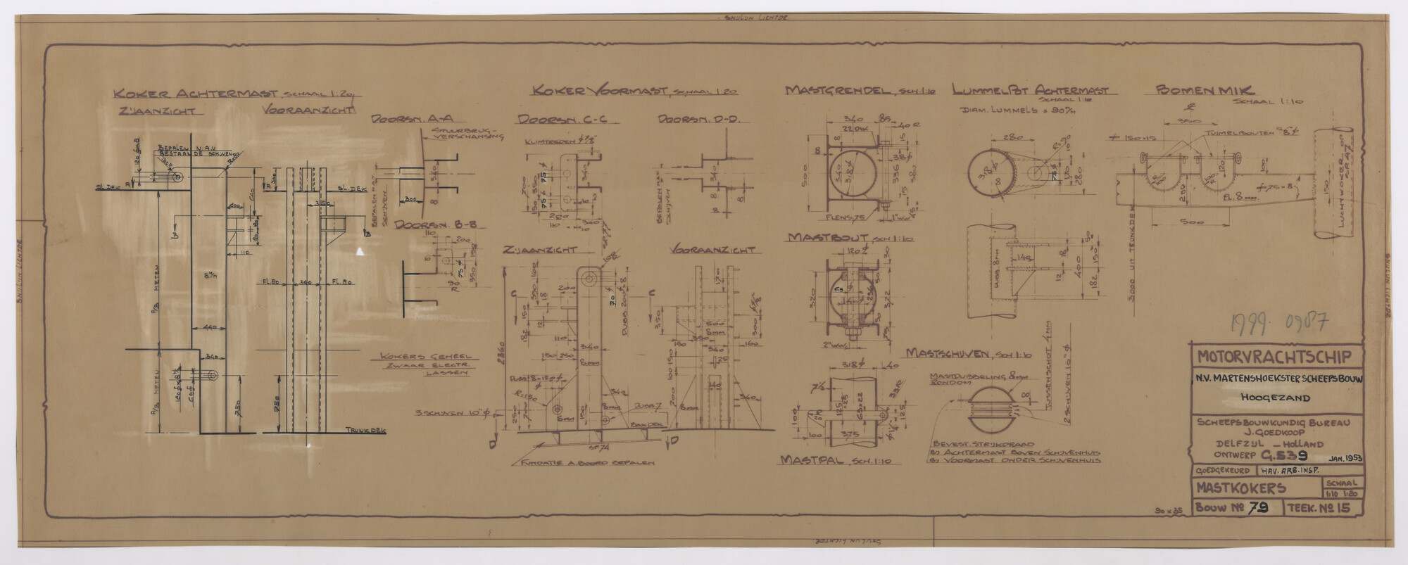 1999.0987; Mastkokers van een motorvrachtschip; technische tekening