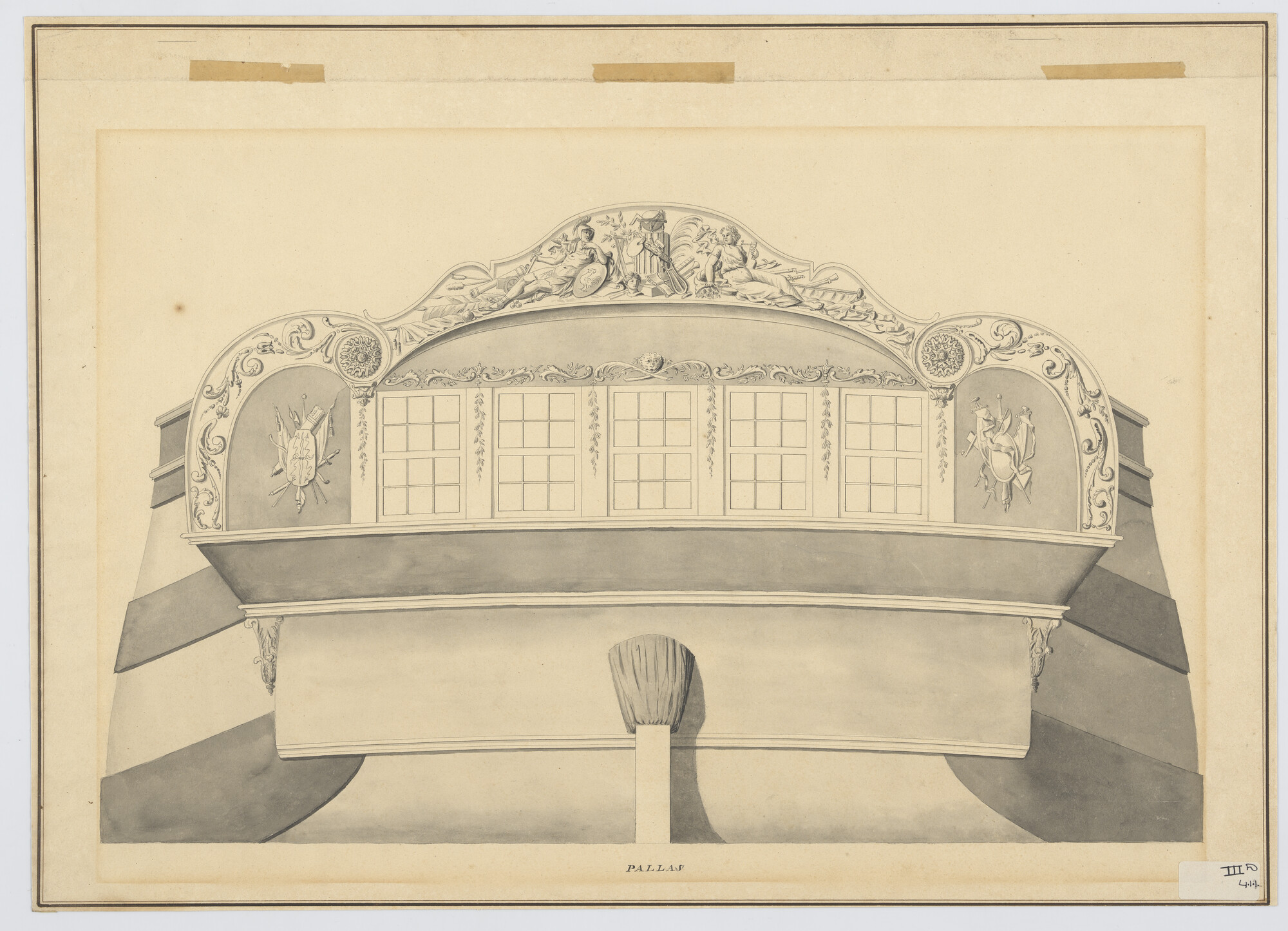 S.0600(01)083; Spiegel van het fregat 'Pallas'; technische tekening