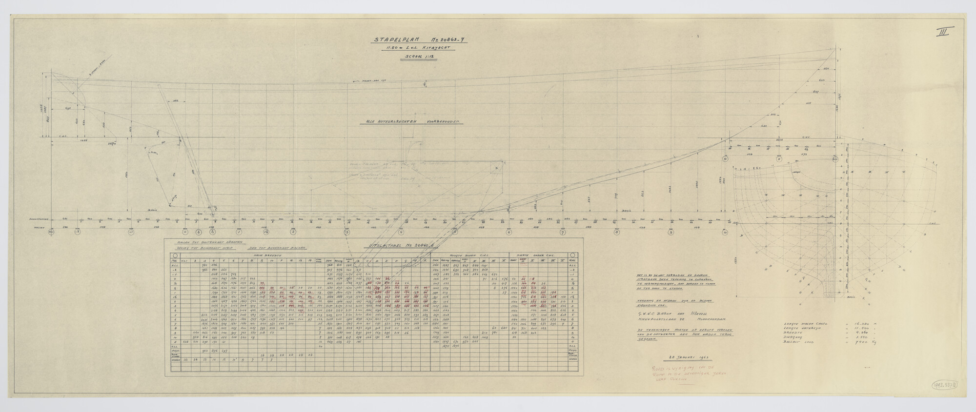 1993.5378; Kopie stapelplan en uitslagtabel zeiljacht 'Witte Raaf'; technische tekening