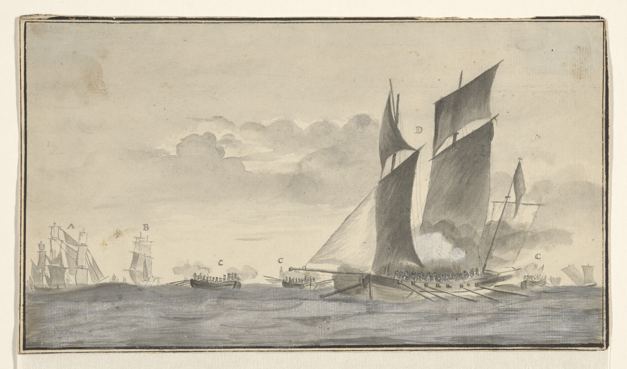 S.1603(24) [nr 0002]; Het nemen van een Engelse logger door Franse en Spaanse sloepen; tekening