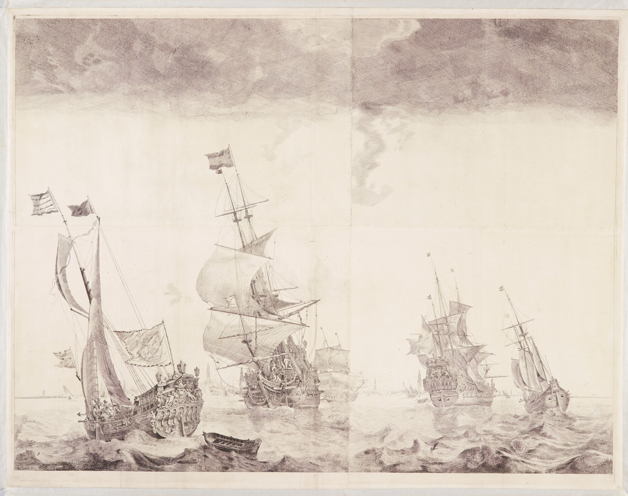 A.1458; Prent profiel van Amsterdam, twee schepen en een Statenjacht; prent