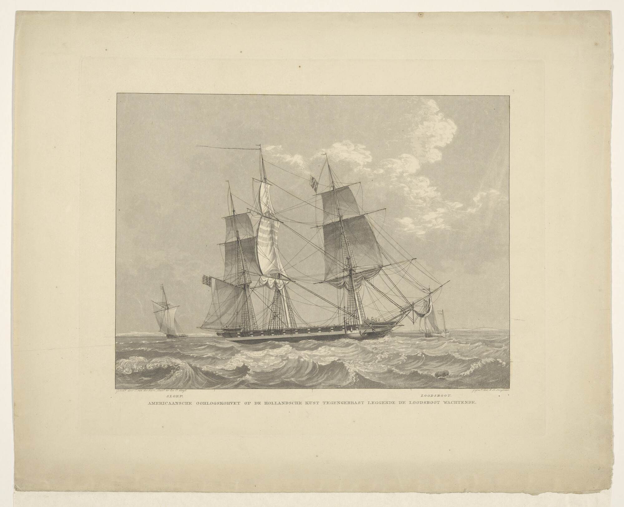 S.1277(04)5; Amerikaans oorlogskorvet op de Hollandse kust; prent