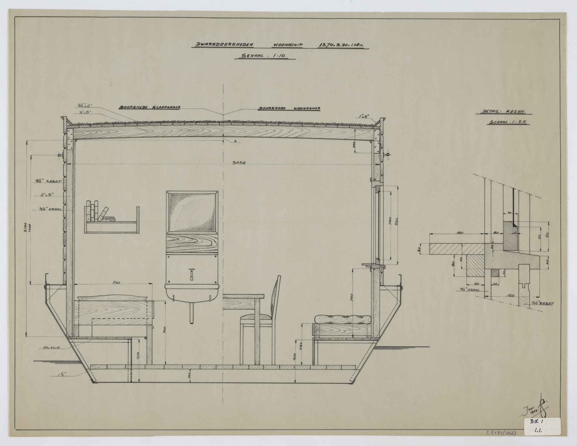 S.5181(002); Dwarsdoorsnede van het woonschip Carpe Diem met houten opbouw [...]; technische tekening