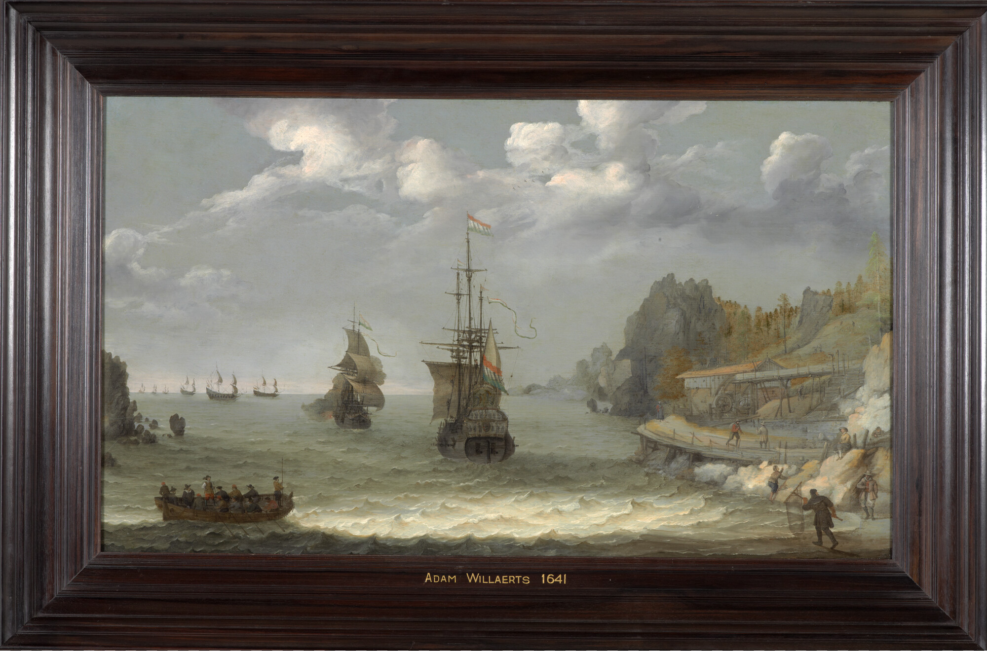 A.0076(03); Nederlandse koopvaardijschepen in een buitenlandse baai; schilderij