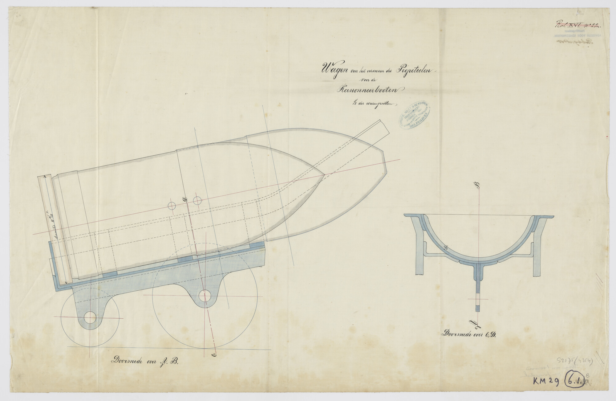 S.2175(4354); Transportwagen voor projectielen voor de stoomkannoorboten waaronder de stoomkanonneerboten Zr.Ms. 'Sperwer' en Zr.Ms. 'Bever'; technische tekening