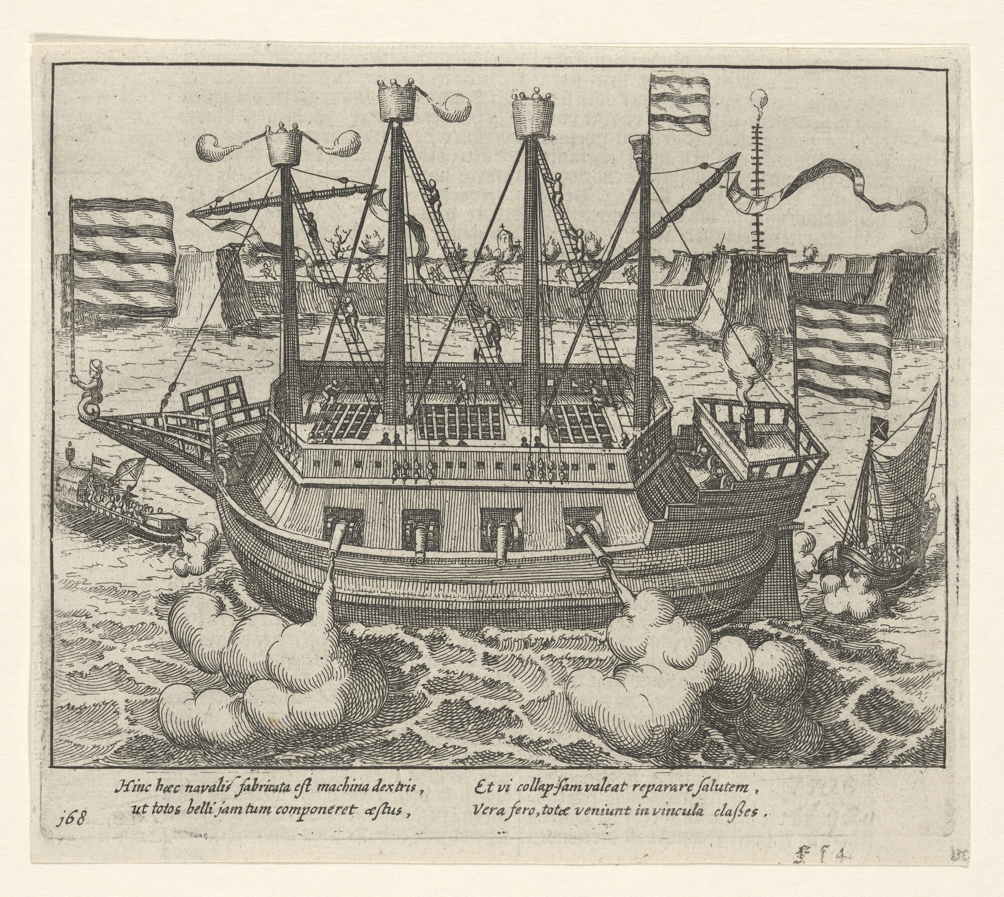 A.3059(05); Afbeelding van het schip door de Antwerpenaren toegerust en genoemd 'Fin de la Guerre', door Parma op 27 mei 1585 genomen; prent