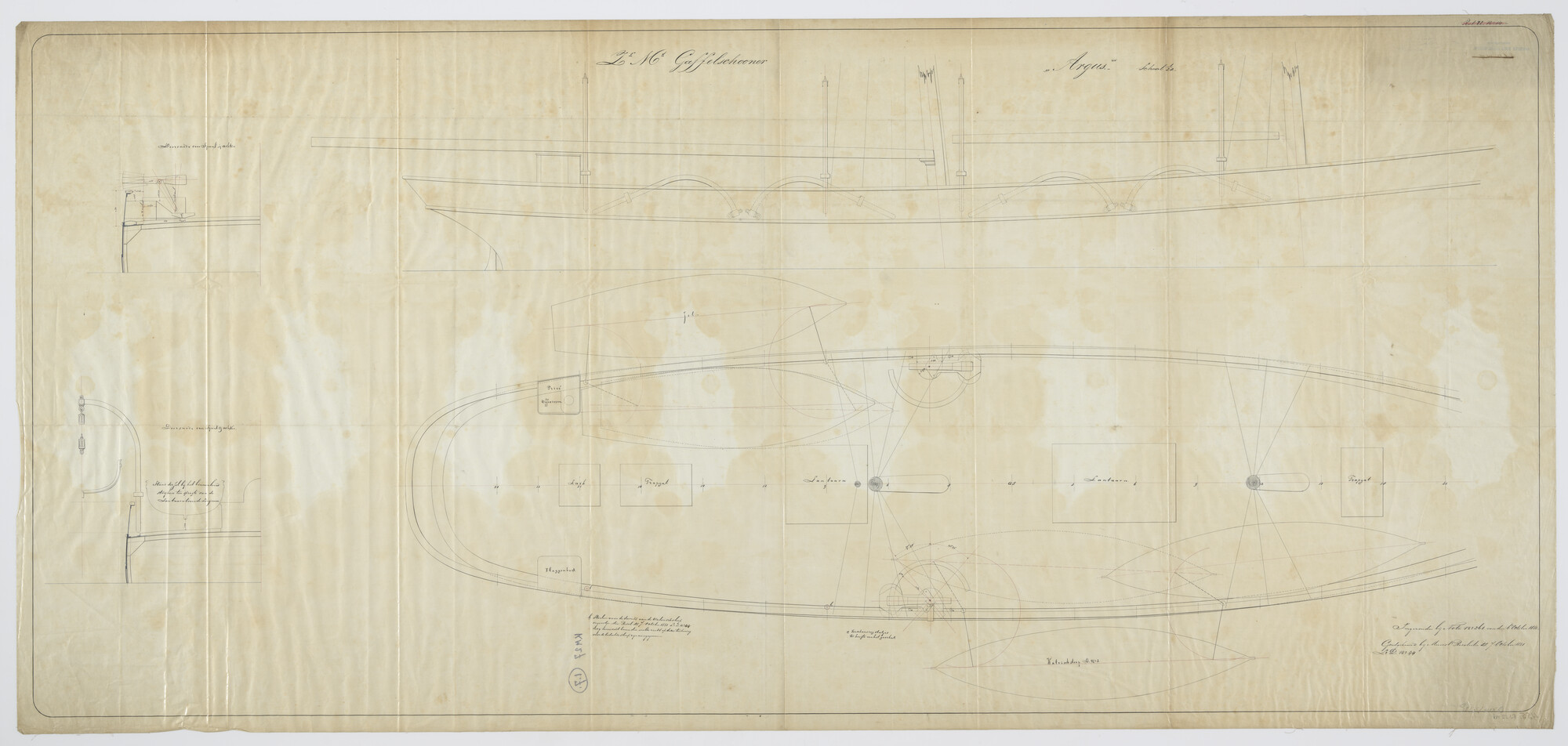 S.2175(4156); Zijaanzicht en bovenaanzicht bovendek van Zr.Ms. 'Argus'; technische tekening